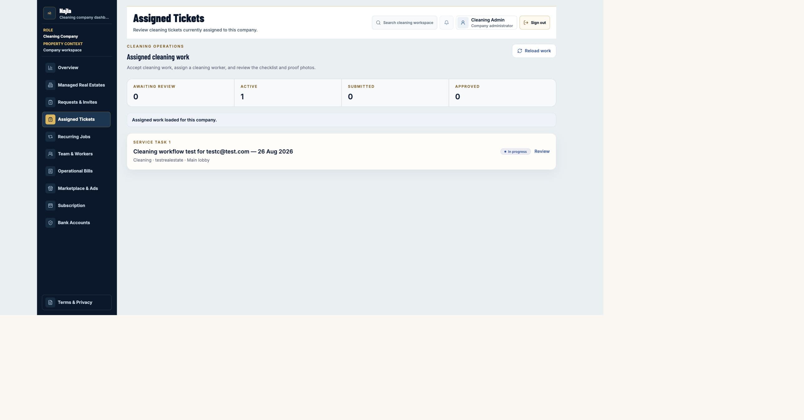 Live Cleaning Company Assigned Tickets page with one active in-progress task on Najla staging.