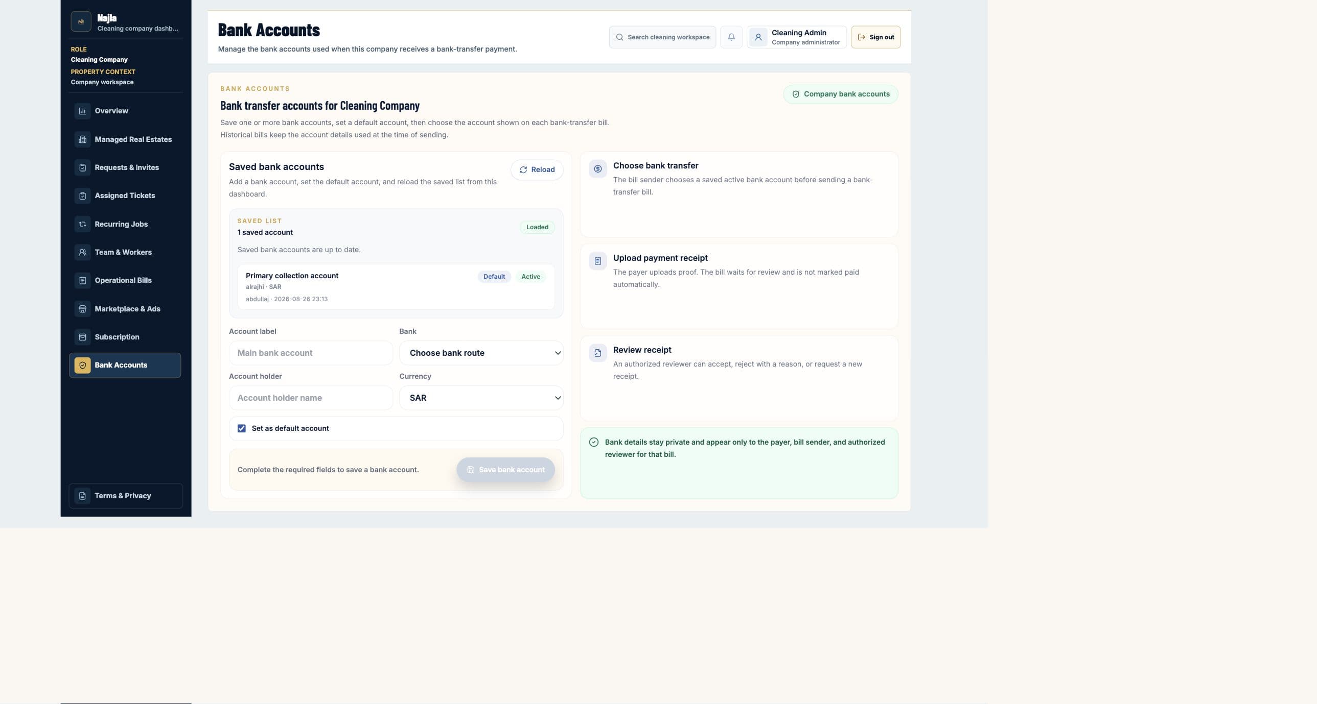Live Cleaning Company Bank Accounts page with one saved default account on Najla staging.