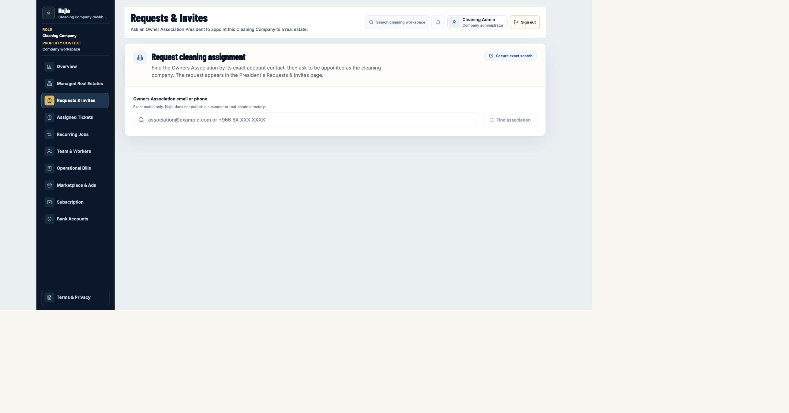 Live Cleaning Company Requests and Invites exact-search page on Najla staging.