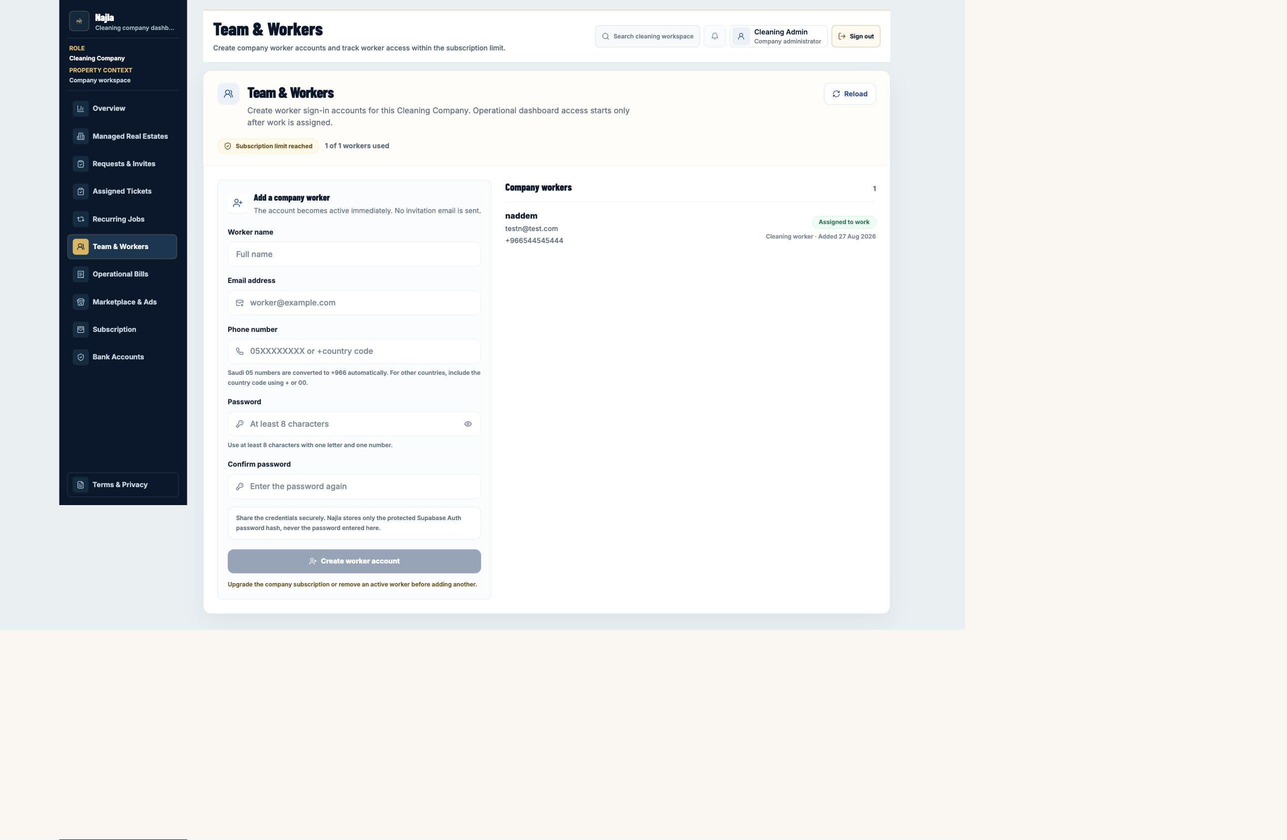Live Cleaning Company Team and Workers page with one registered worker on Najla staging.