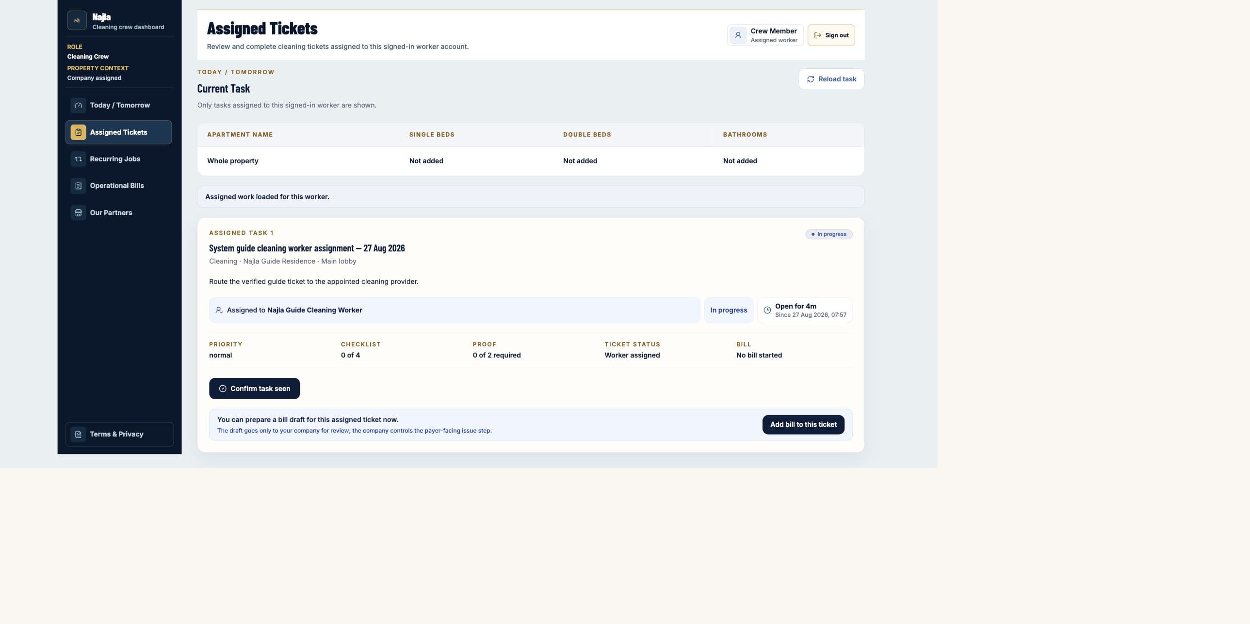 Real Najla staging Cleaning Crew Assigned Tickets page captured after authenticated verification.