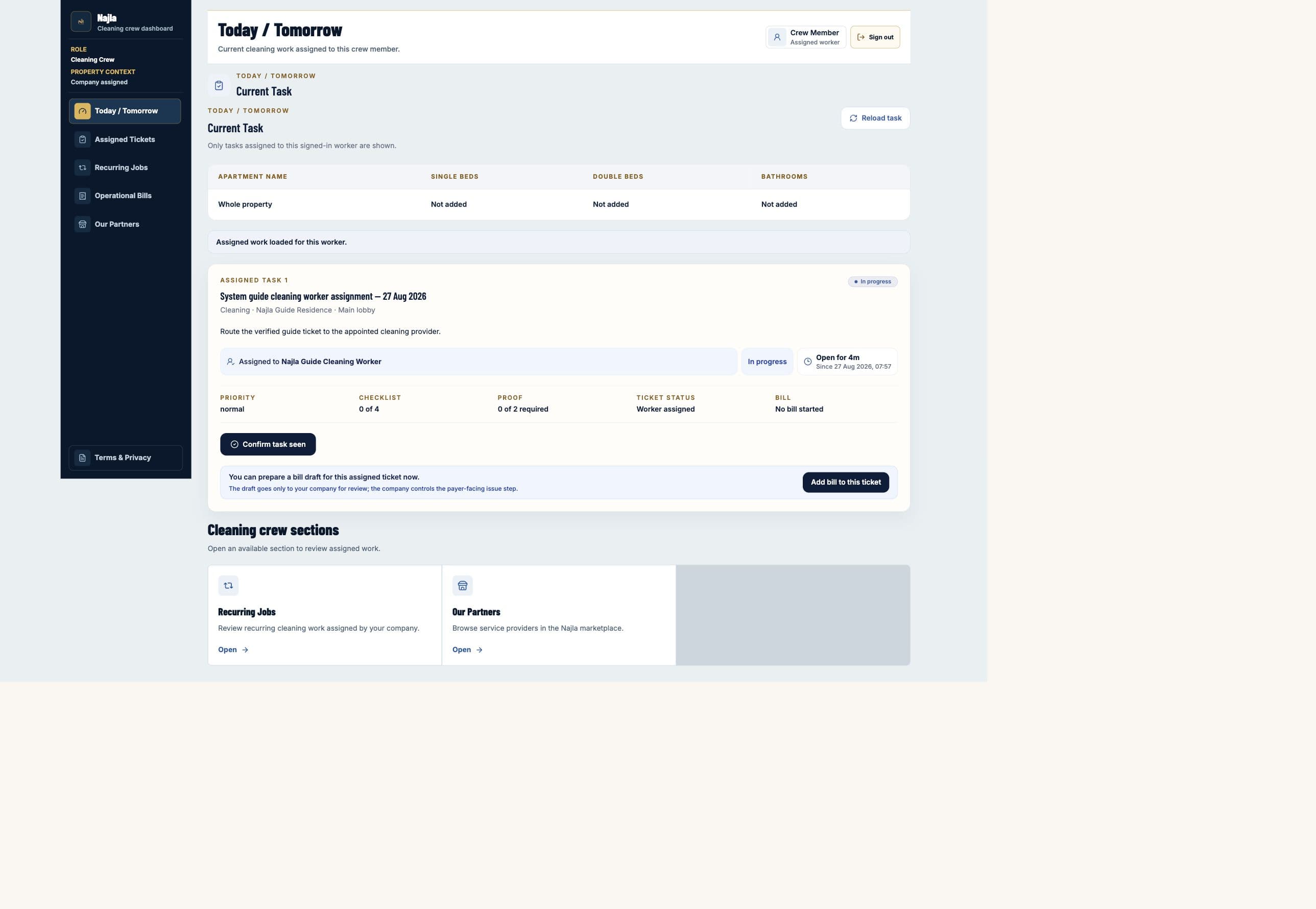 Real Najla staging Cleaning Crew Today / Tomorrow page captured after authenticated verification.