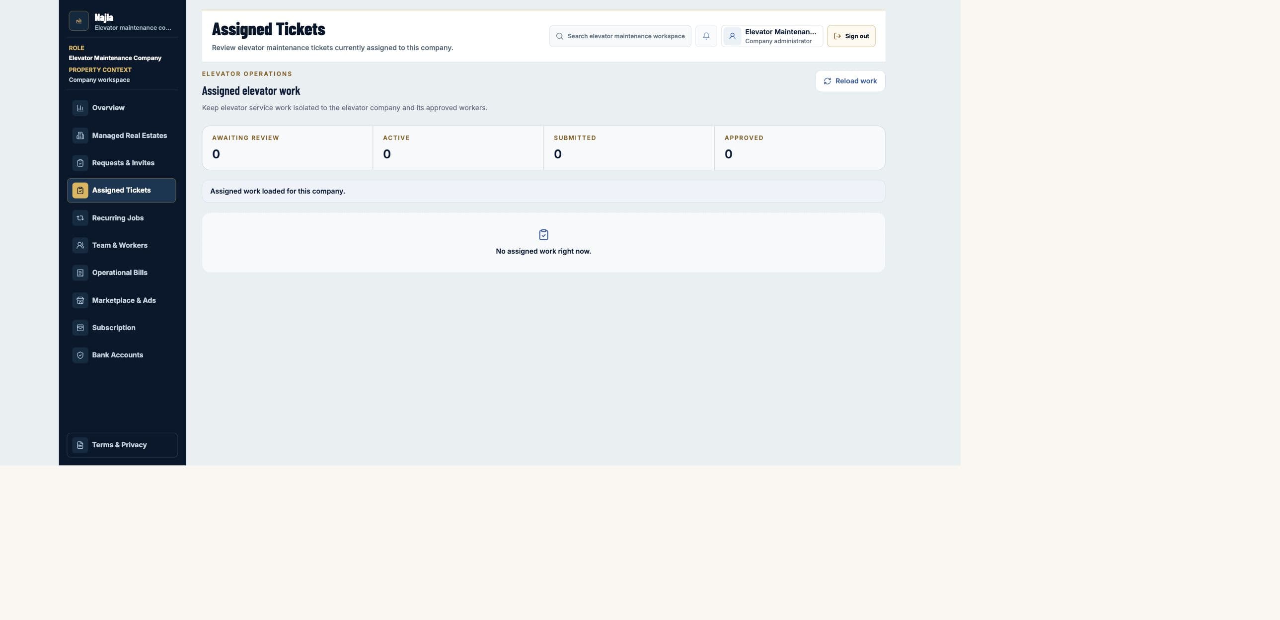Real Najla staging Elevator Maintenance Company Assigned Tickets page captured after authenticated verification.