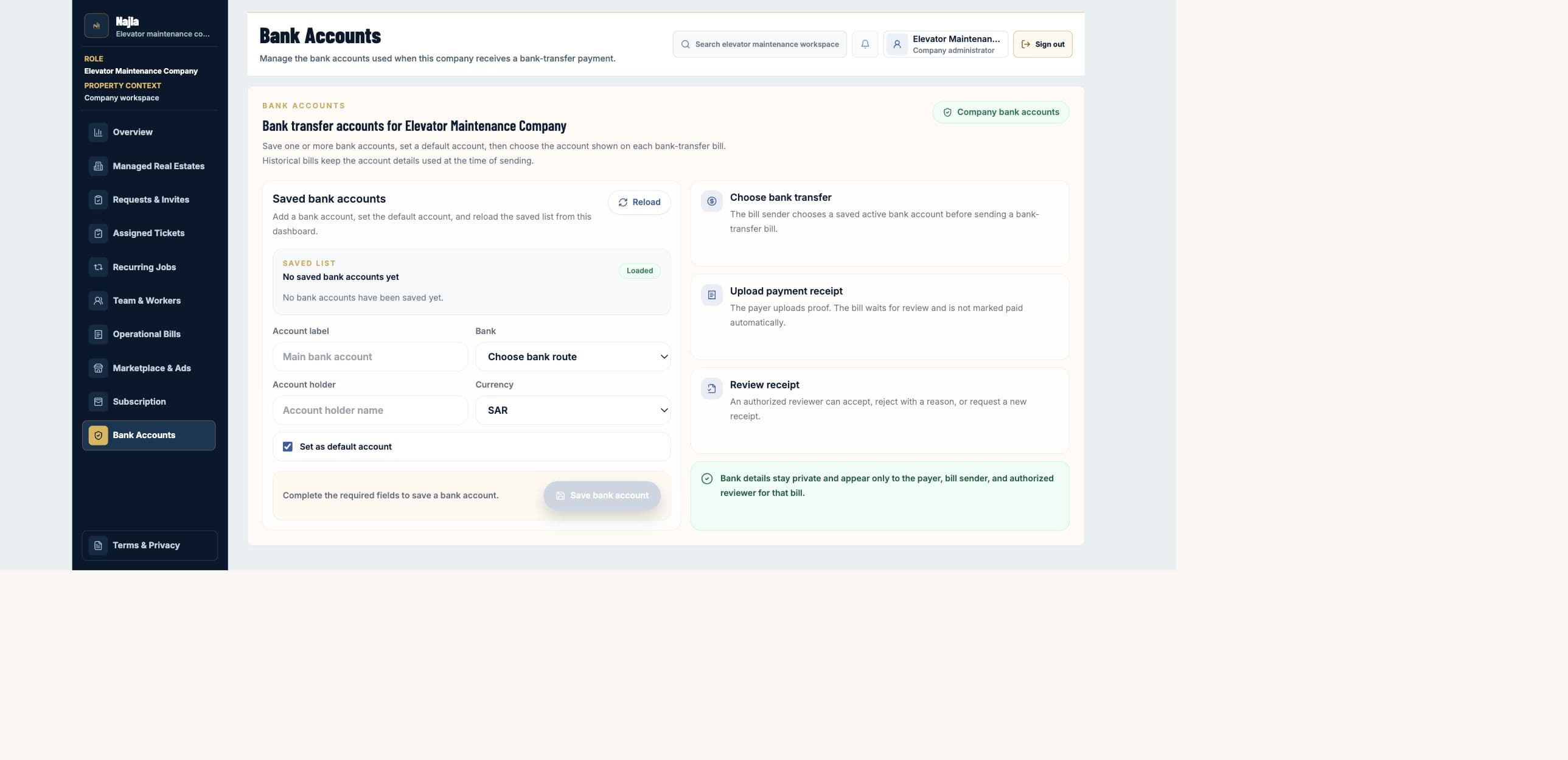 Real Najla staging Elevator Maintenance Company Bank Accounts page captured after authenticated verification.