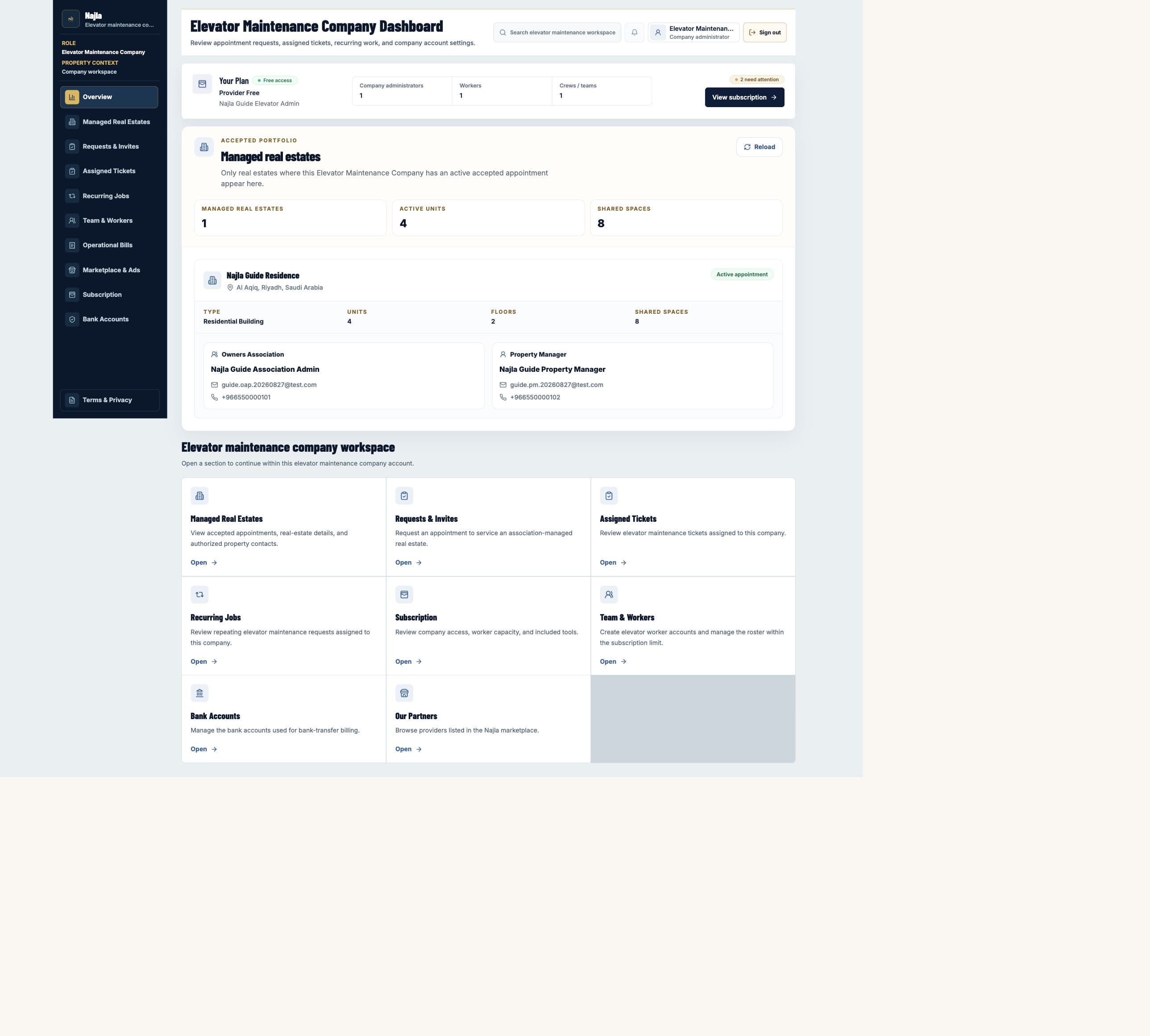 Real Najla staging Elevator Maintenance Company Overview page captured after authenticated verification.