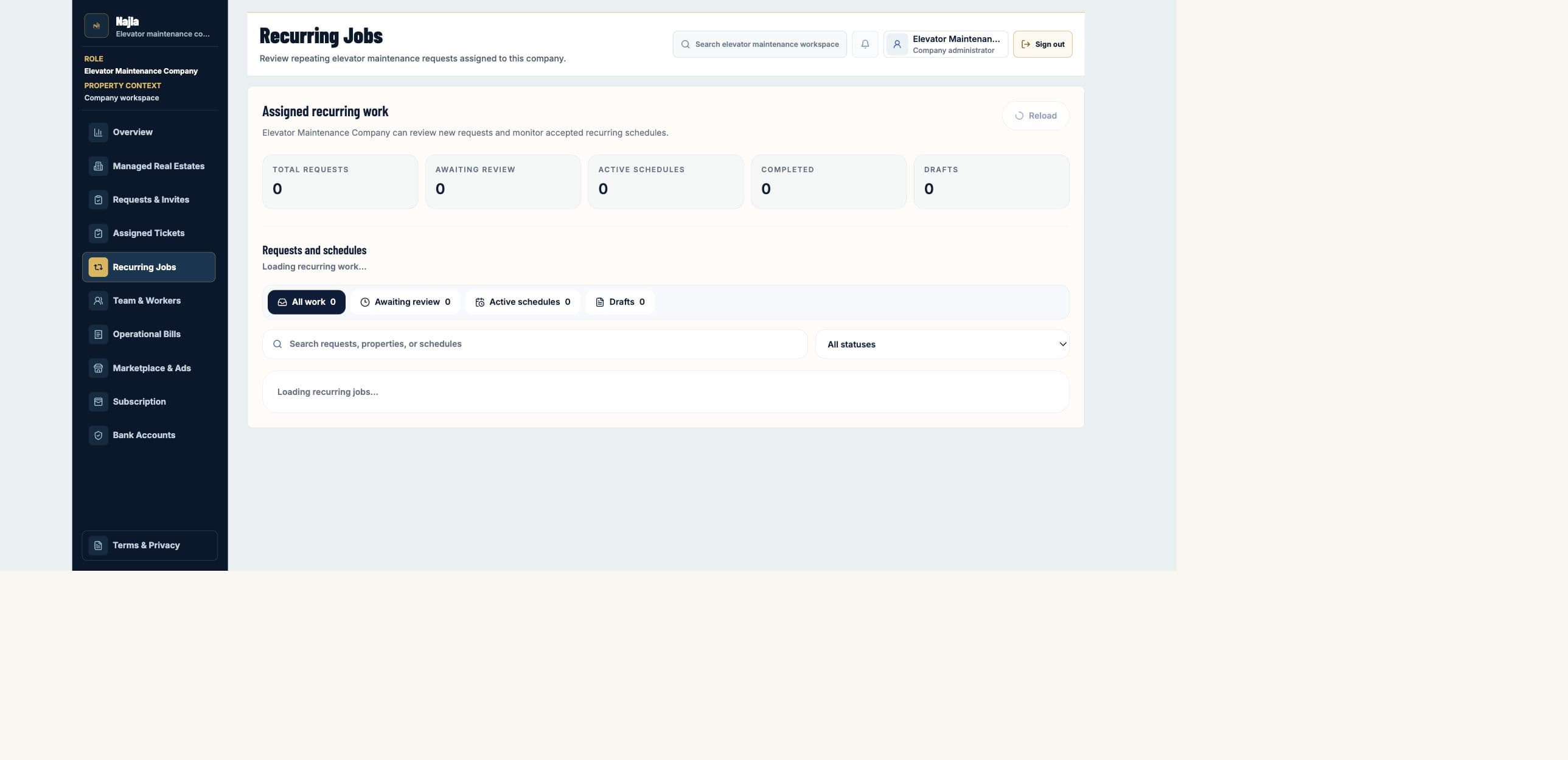 Real Najla staging Elevator Maintenance Company Recurring Jobs page captured after authenticated verification.