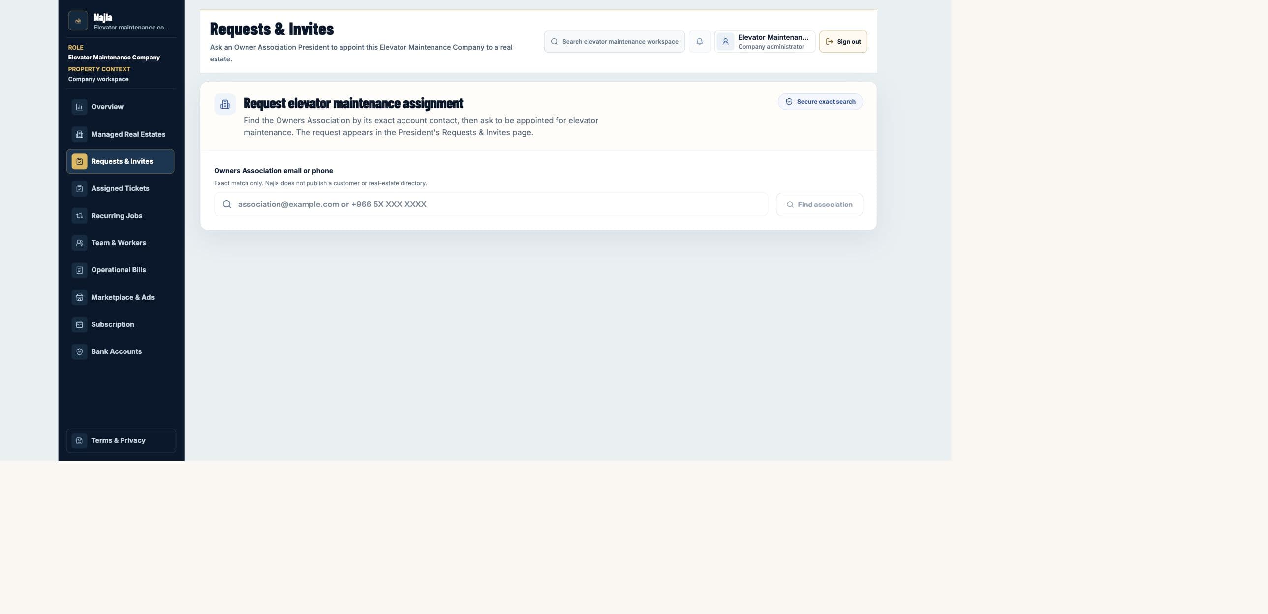 Real Najla staging Elevator Maintenance Company Requests & Invites page captured after authenticated verification.