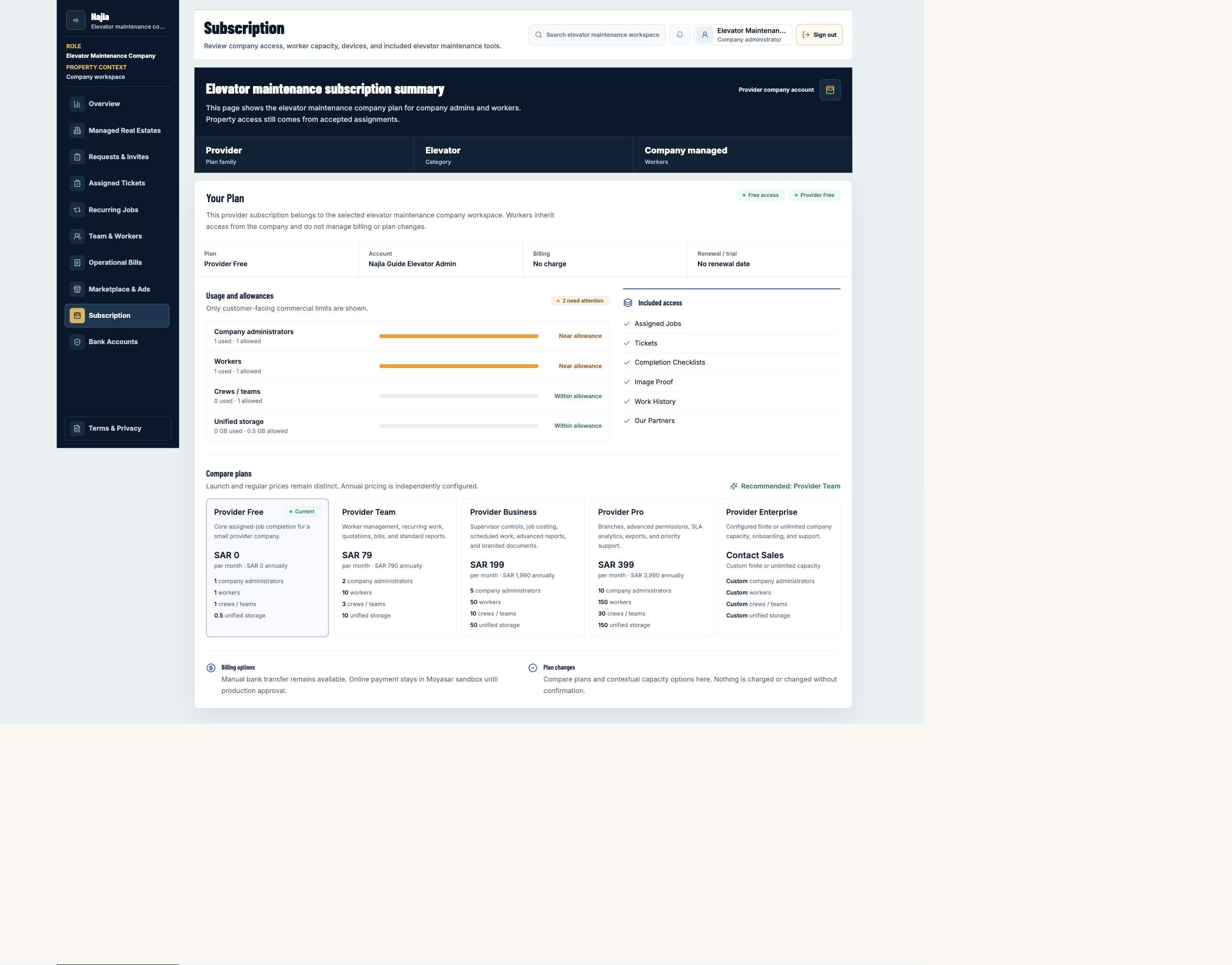 Real Najla staging Elevator Maintenance Company Subscription page captured after authenticated verification.