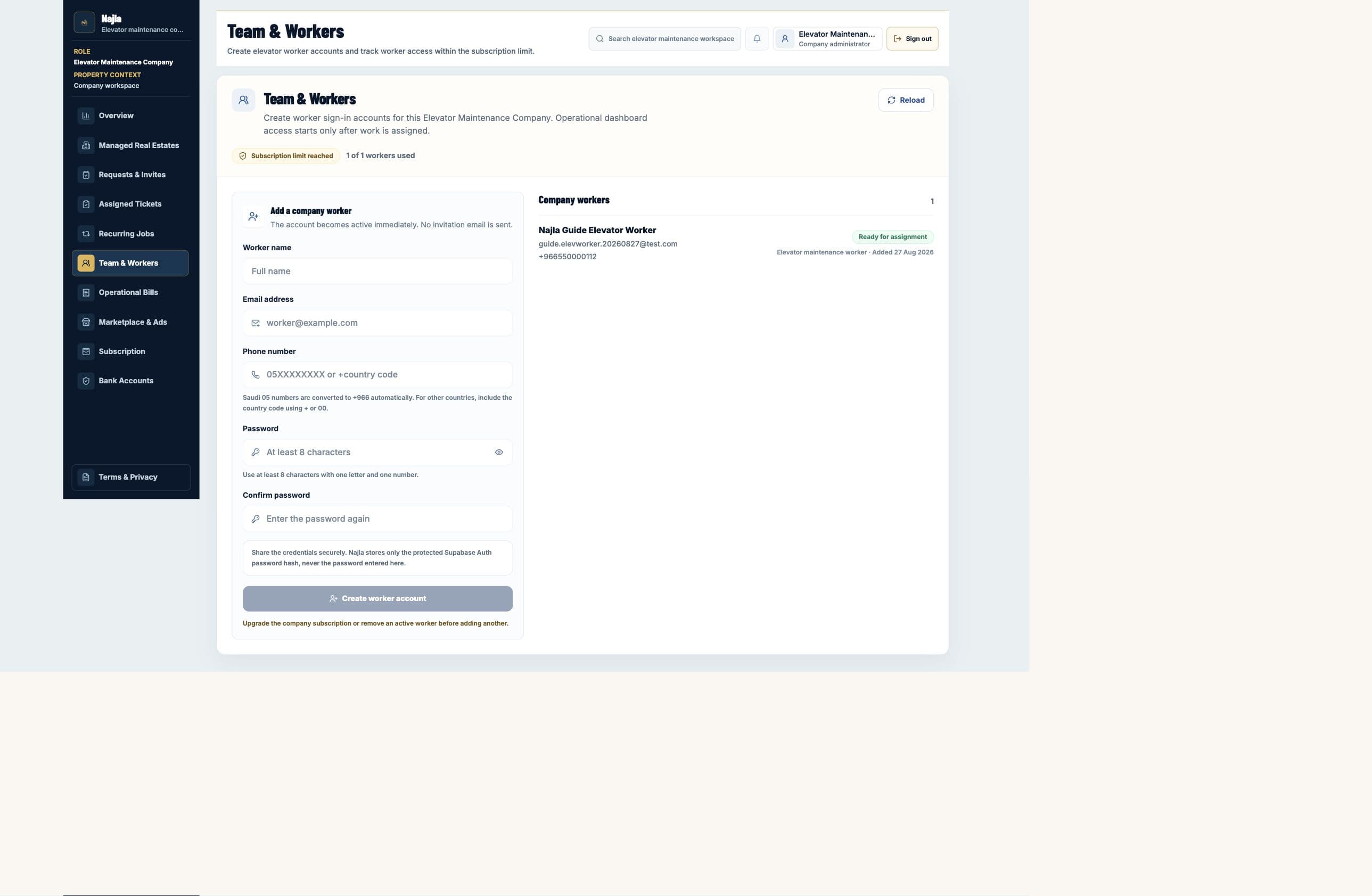 Real Najla staging Elevator Maintenance Company Team & Workers page captured after authenticated verification.