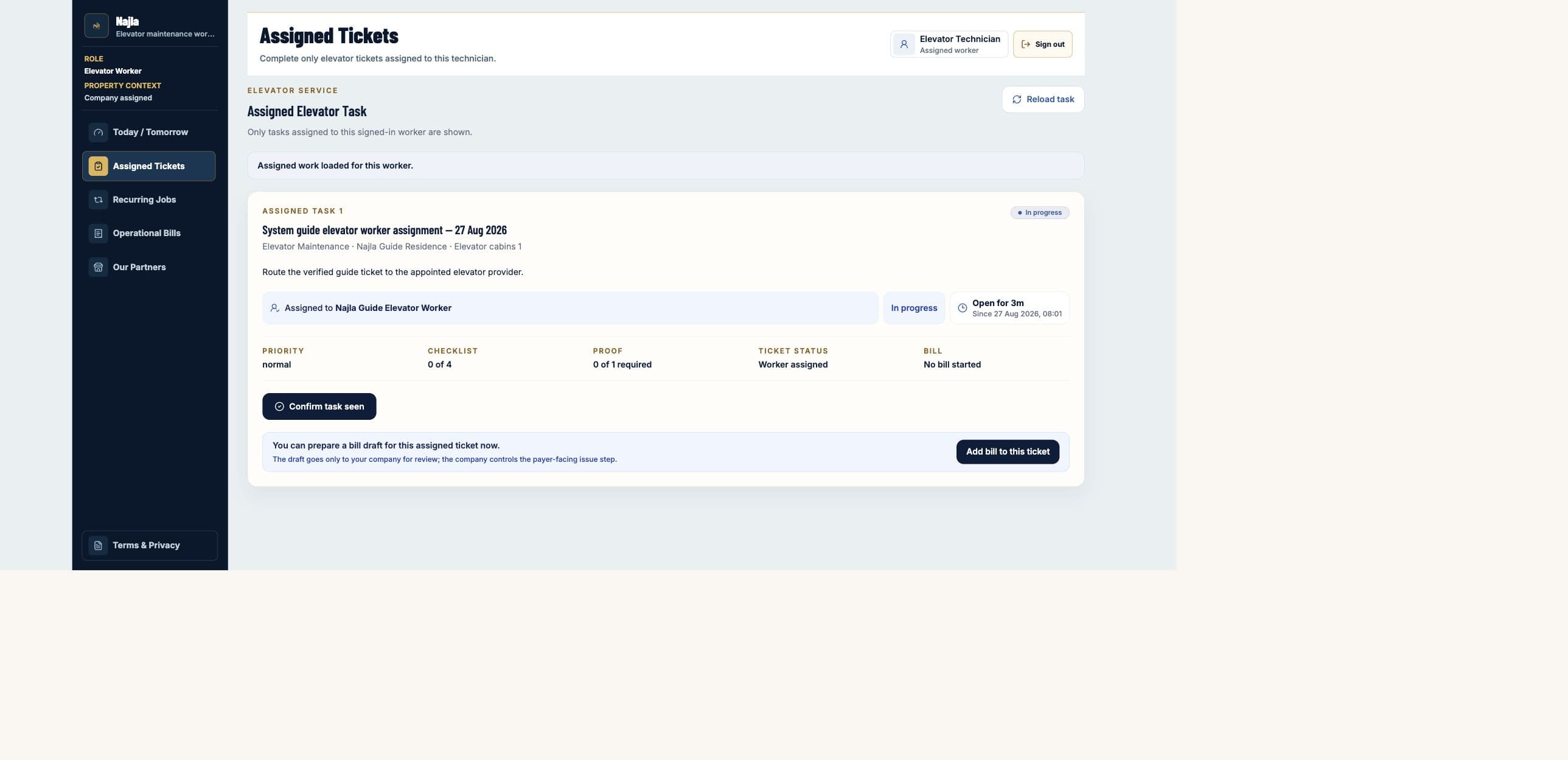 Real Najla staging Elevator Maintenance Worker Assigned Tickets page captured after authenticated verification.