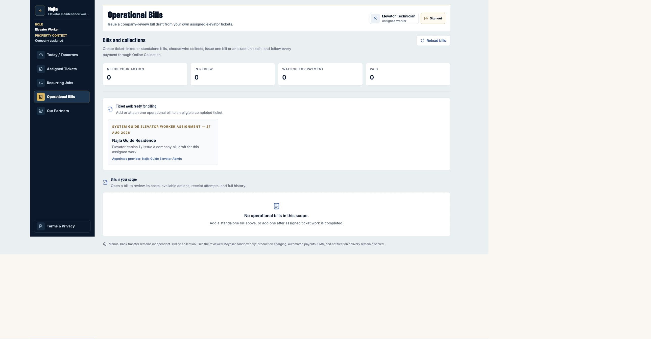 Real Najla staging Elevator Maintenance Worker Operational Bills page captured after authenticated verification.