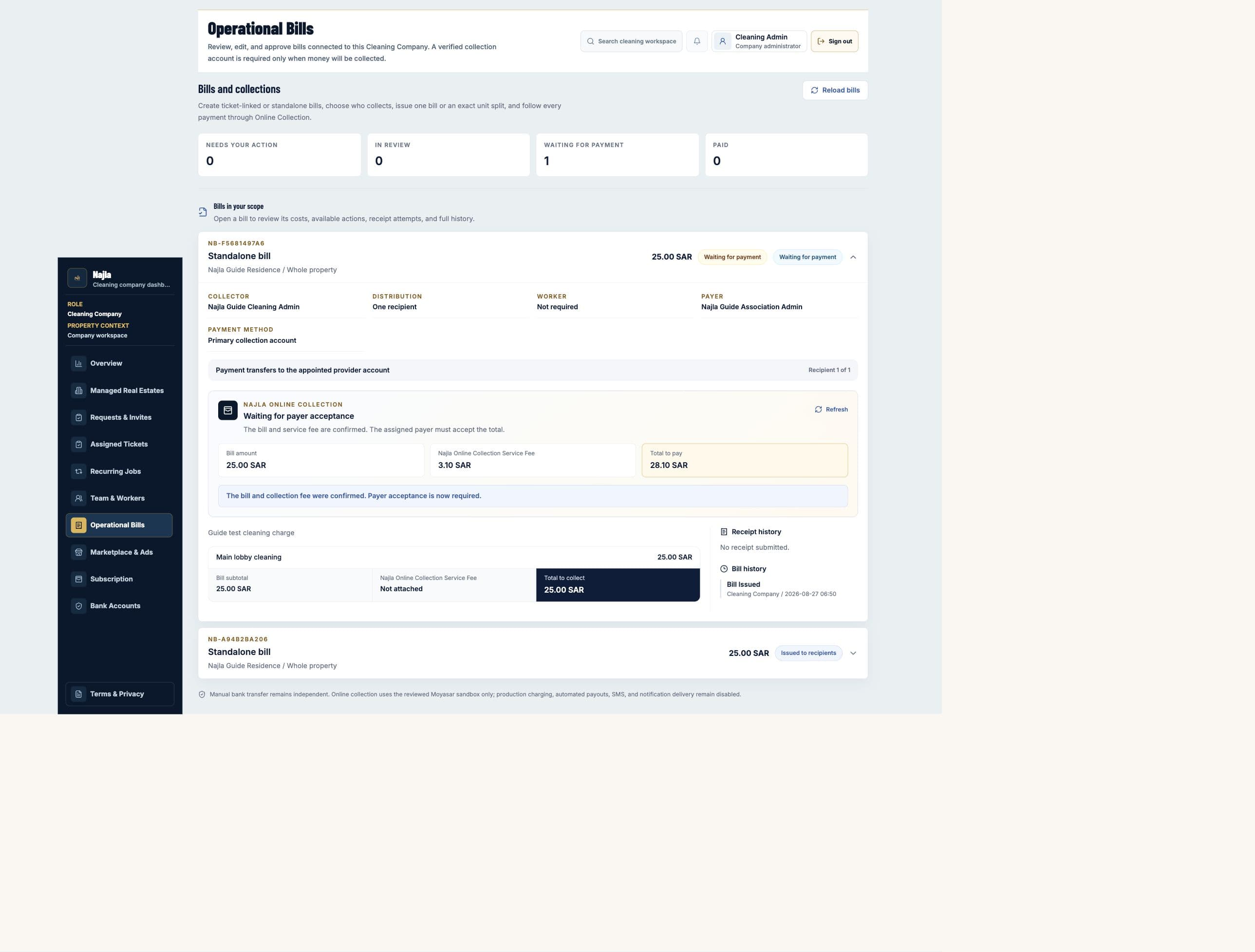 Live Cleaning Company Online Collection panel after provider confirmation, waiting for payer acceptance on Najla staging.