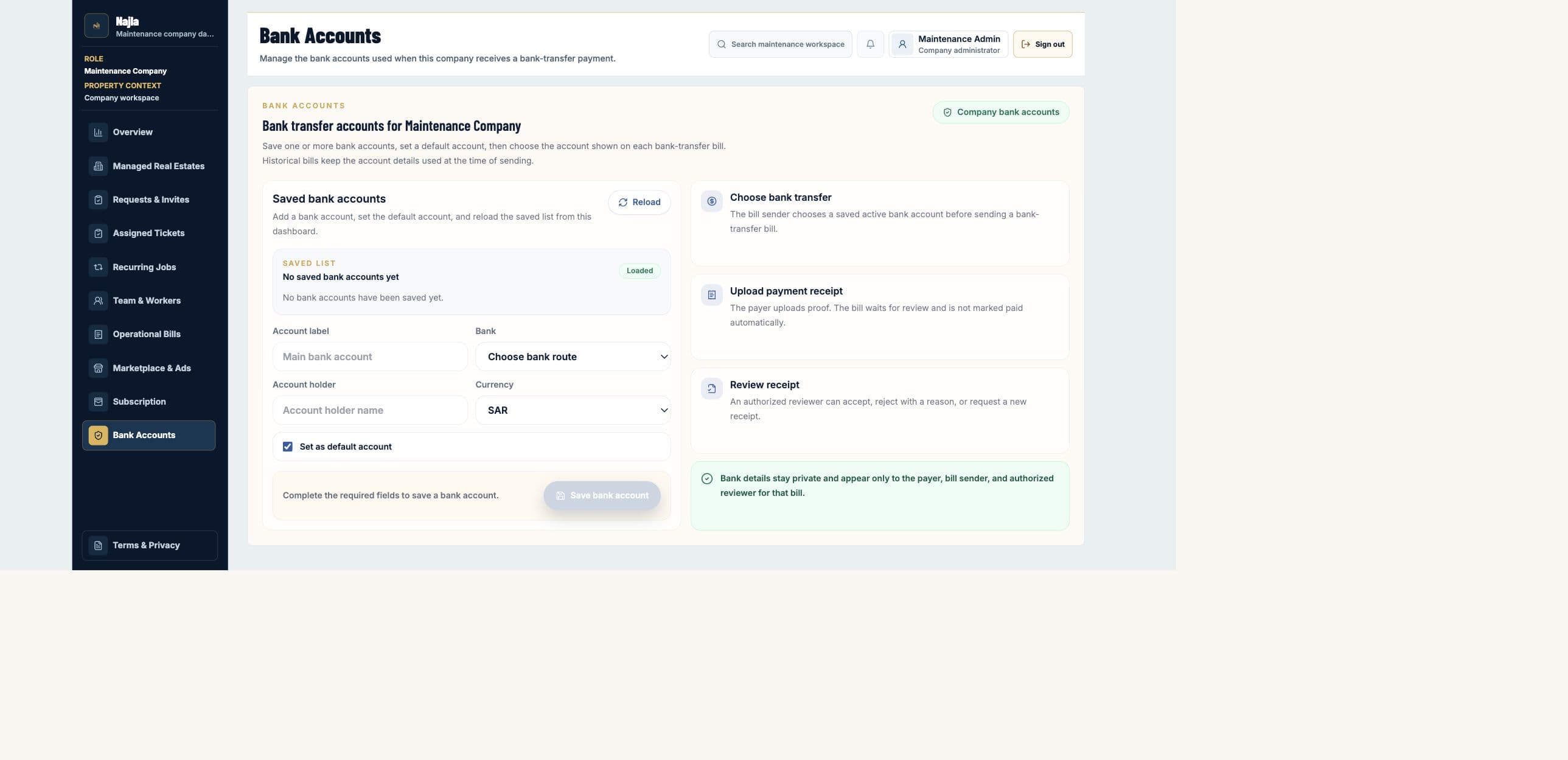 Real Najla staging Maintenance Company Bank Accounts page captured after authenticated verification.
