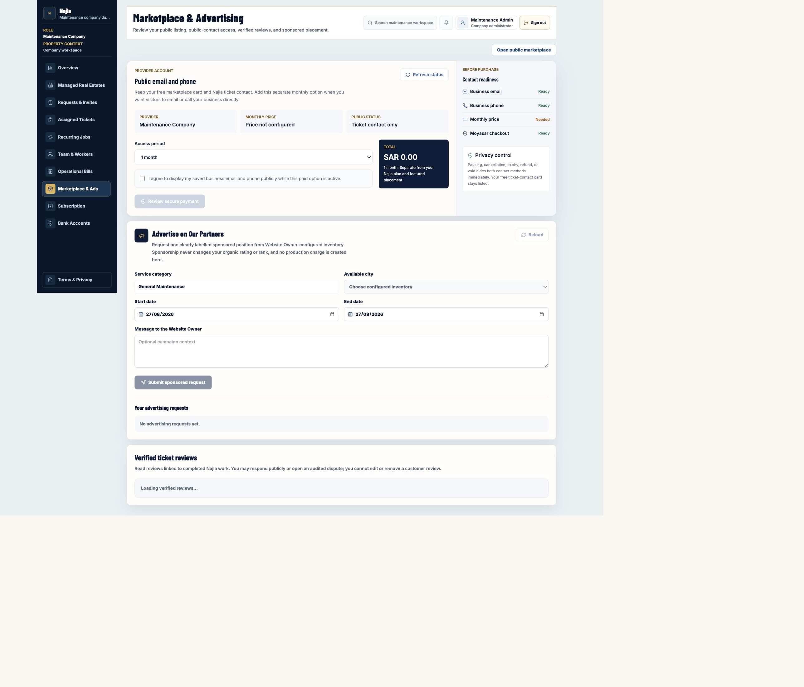 Real Najla staging Maintenance Company Marketplace & Ads page captured after authenticated verification.