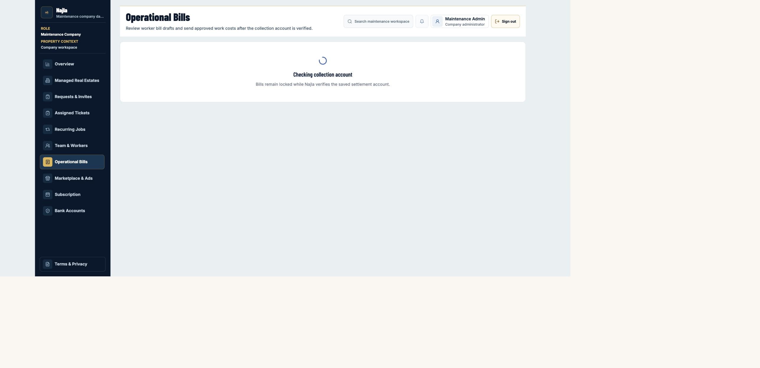 Real Najla staging Maintenance Company Operational Bills page captured after authenticated verification.