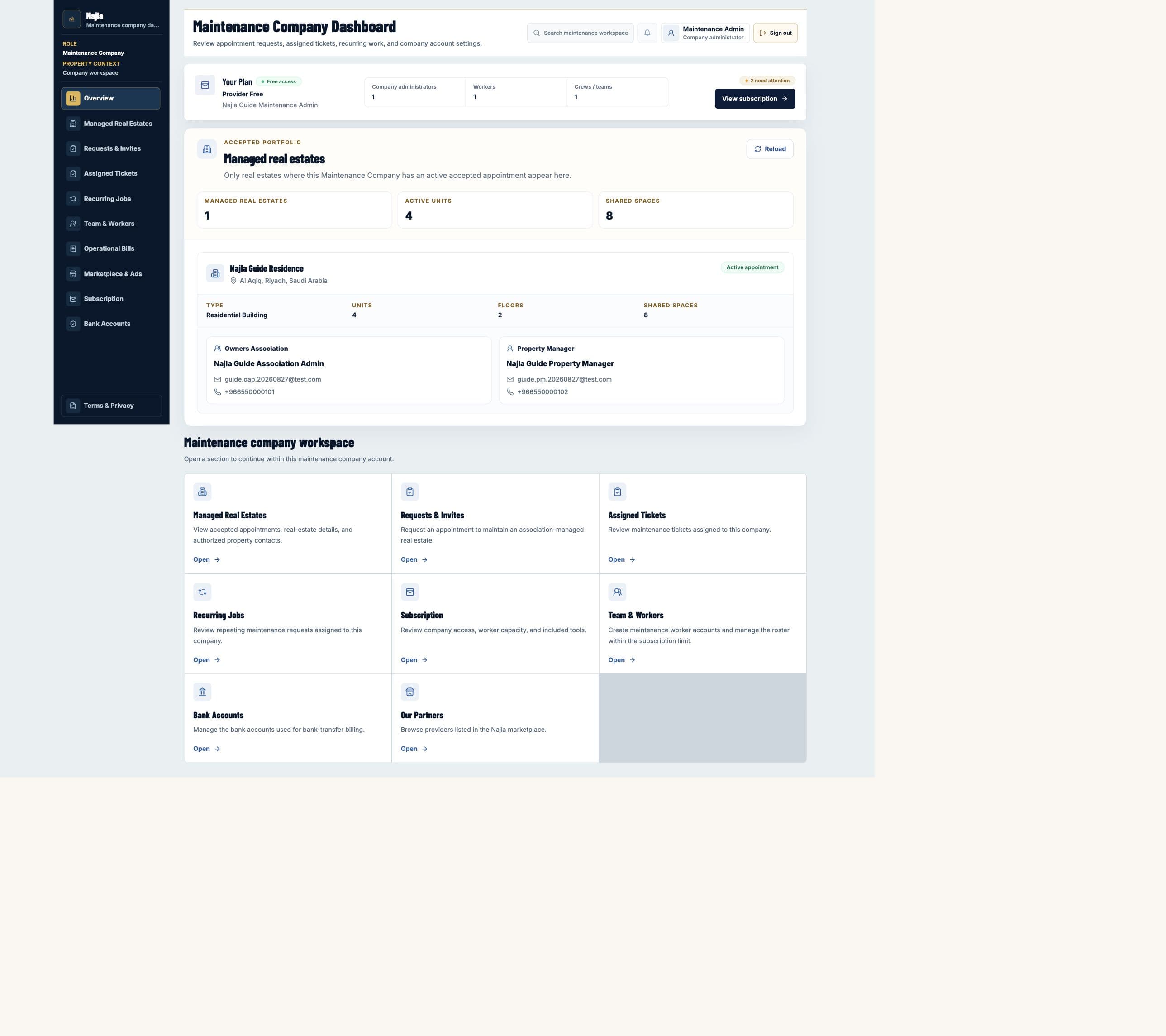 Real Najla staging Maintenance Company Overview page captured after authenticated verification.