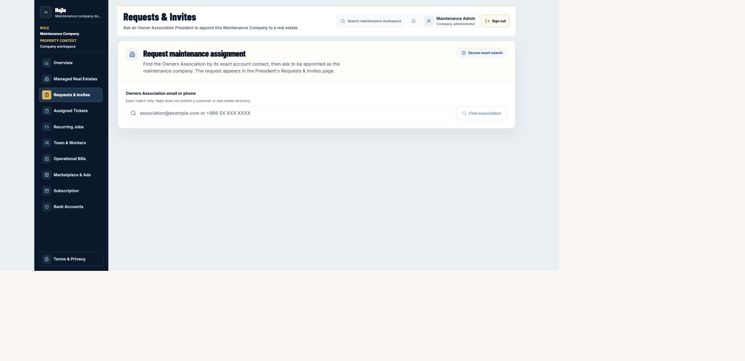 Real Najla staging Maintenance Company Requests & Invites page captured after authenticated verification.