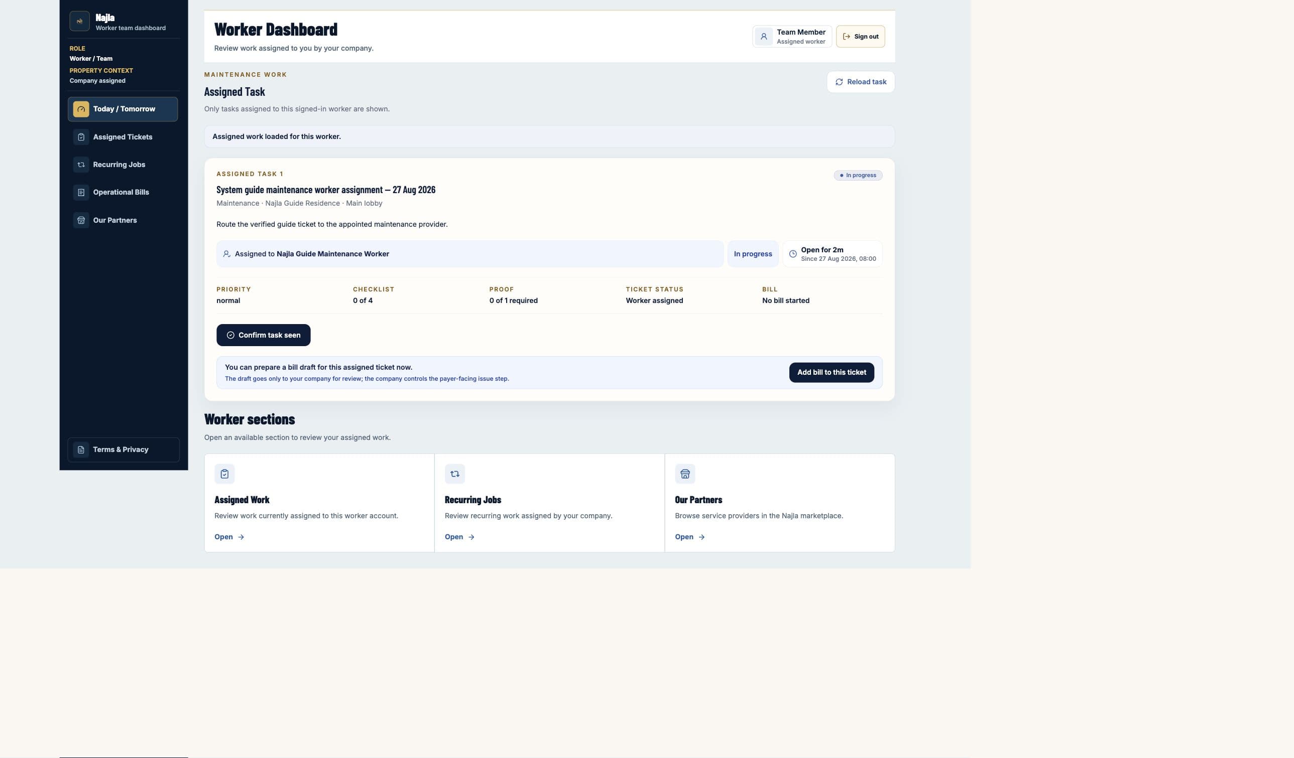 Real Najla staging Maintenance Worker / Team Today / Tomorrow page captured after authenticated verification.