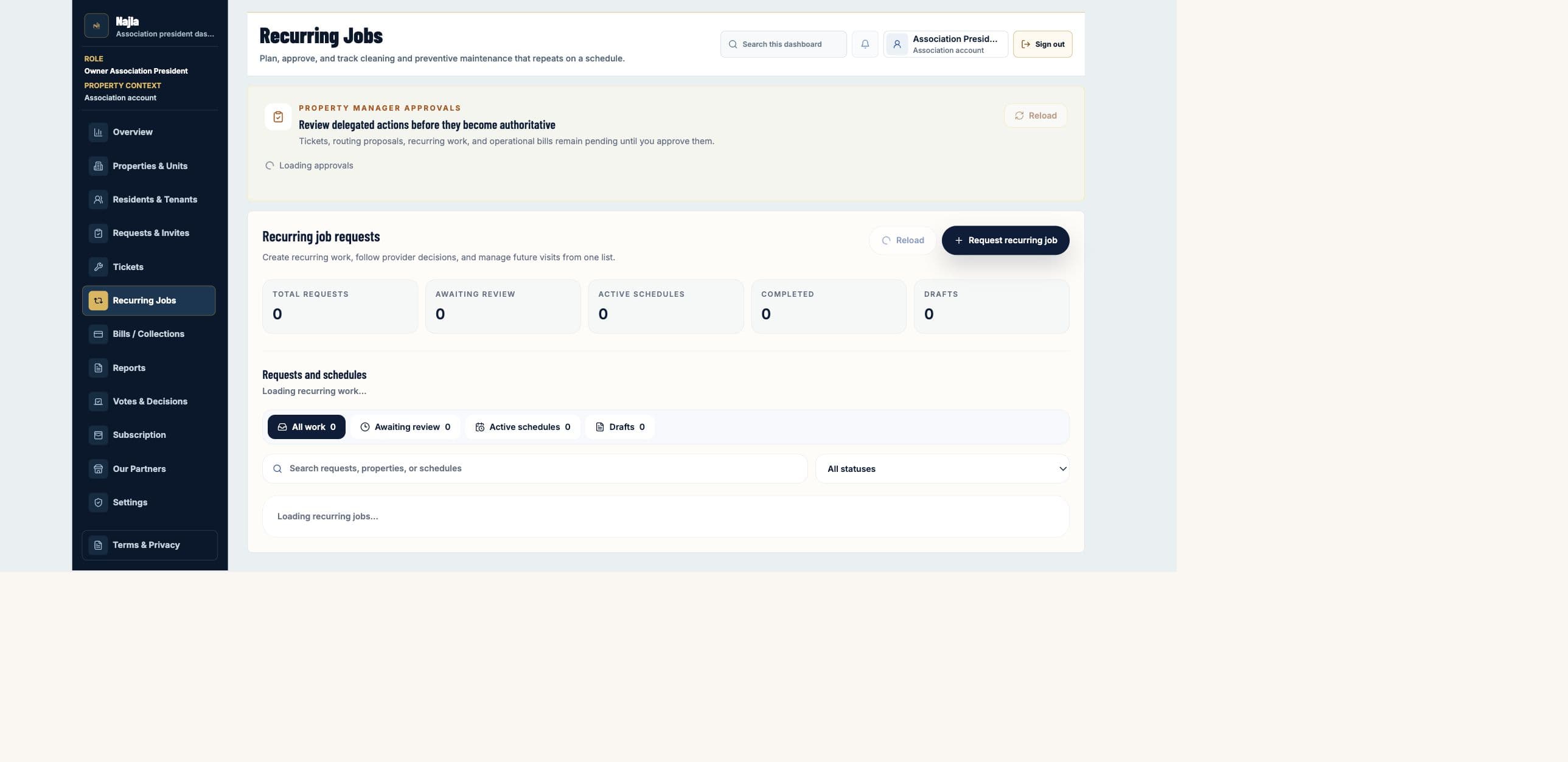 Real Najla staging Owners Association President Recurring Jobs page captured after authenticated verification.
