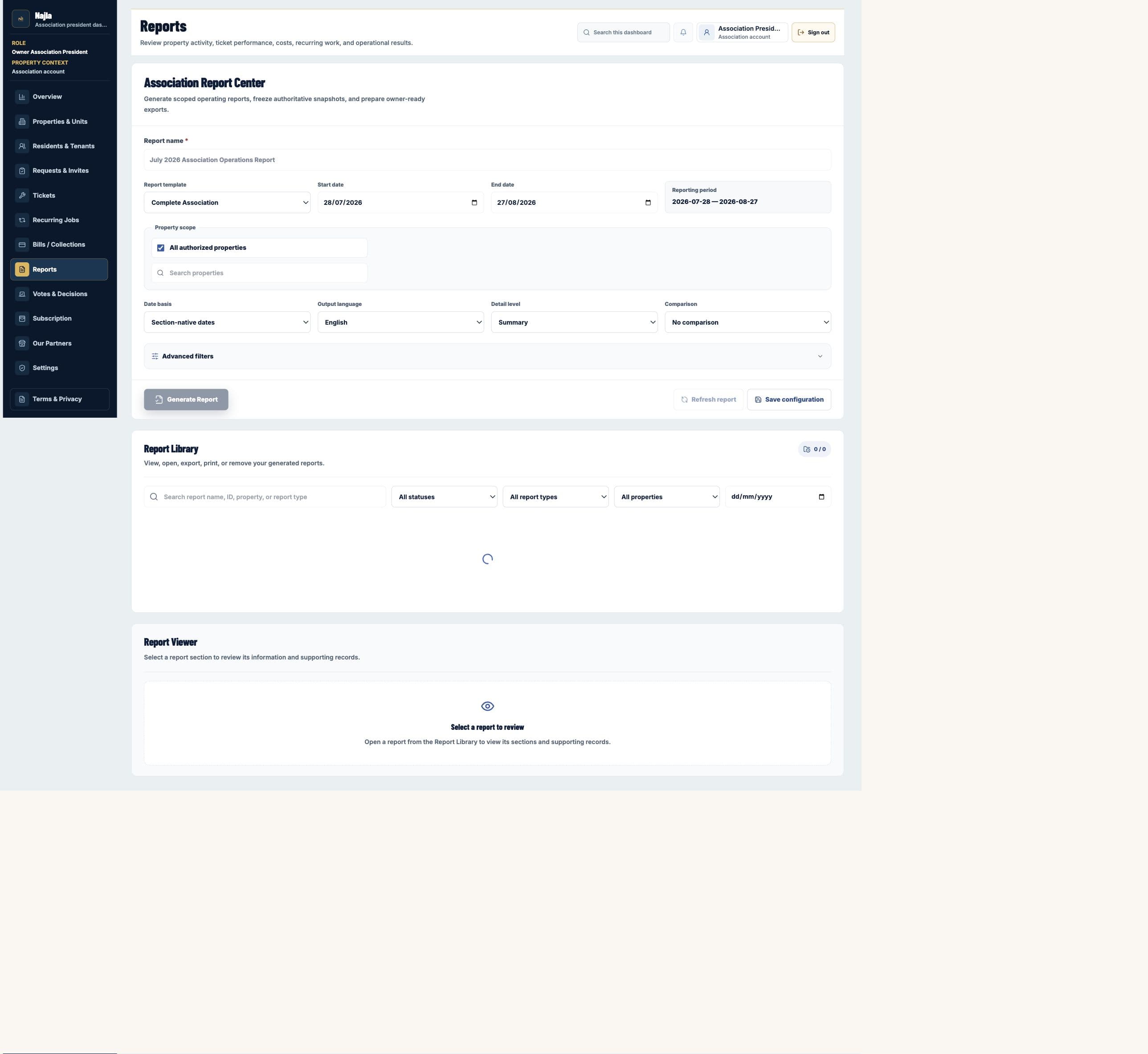 Real Najla staging Owners Association President Reports page captured after authenticated verification.