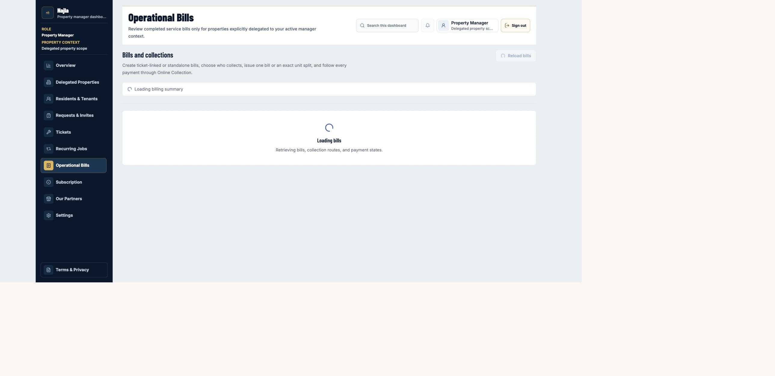 Real Najla staging Property Manager Operational Bills page captured after authenticated verification.