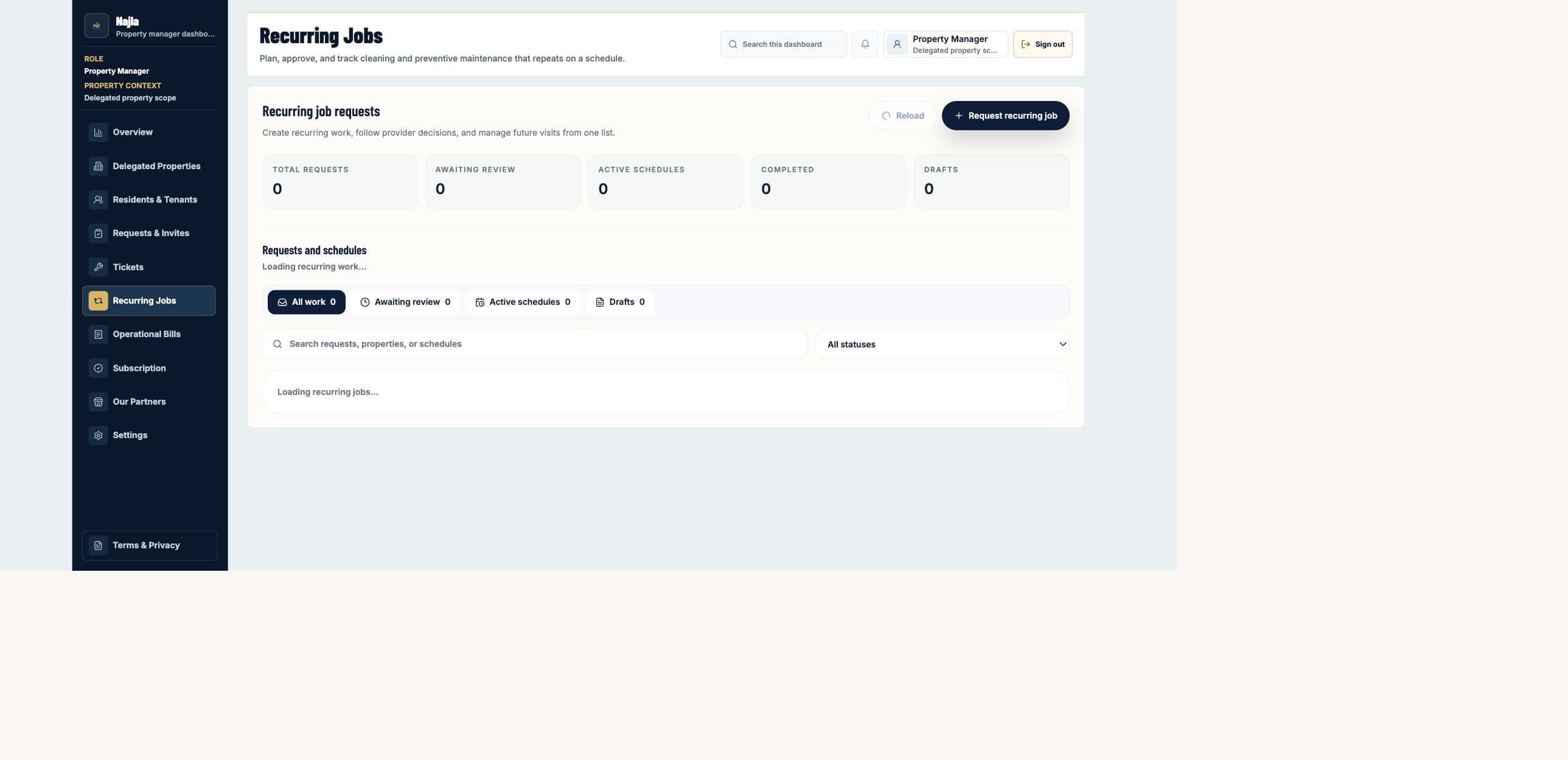 Real Najla staging Property Manager Recurring Jobs page captured after authenticated verification.