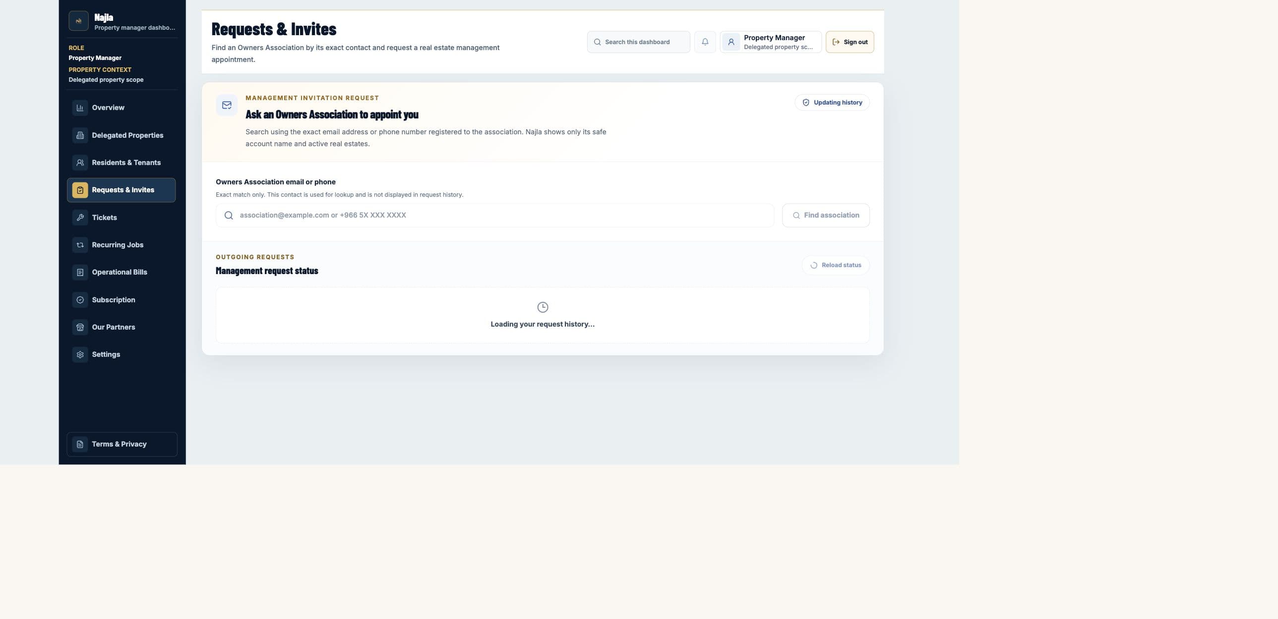 Real Najla staging Property Manager Requests & Invites page captured after authenticated verification.