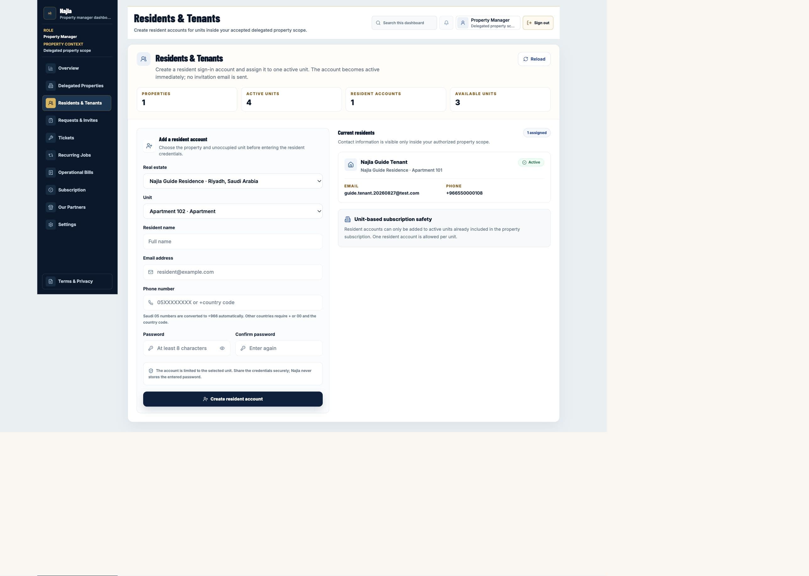 Real Najla staging Property Manager Residents & Tenants page captured after authenticated verification.
