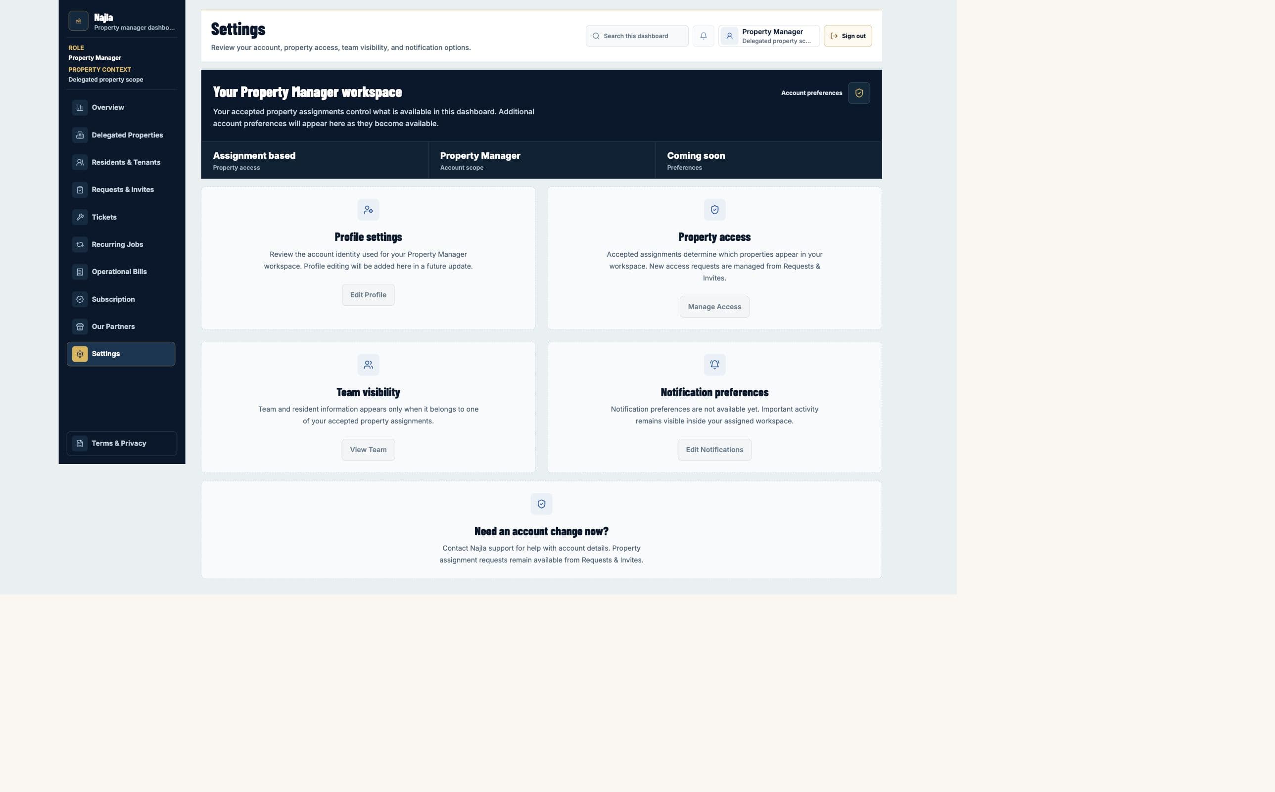 Real Najla staging Property Manager Settings page captured after authenticated verification.