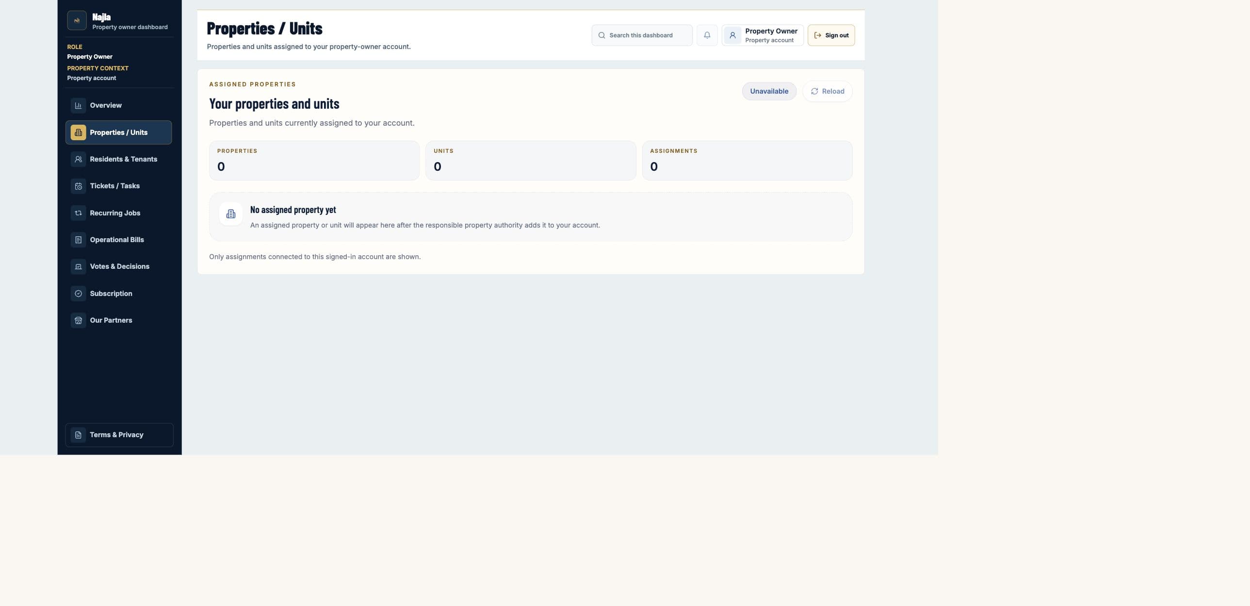 Real Najla staging Property Owner Properties / Units page captured after authenticated verification.