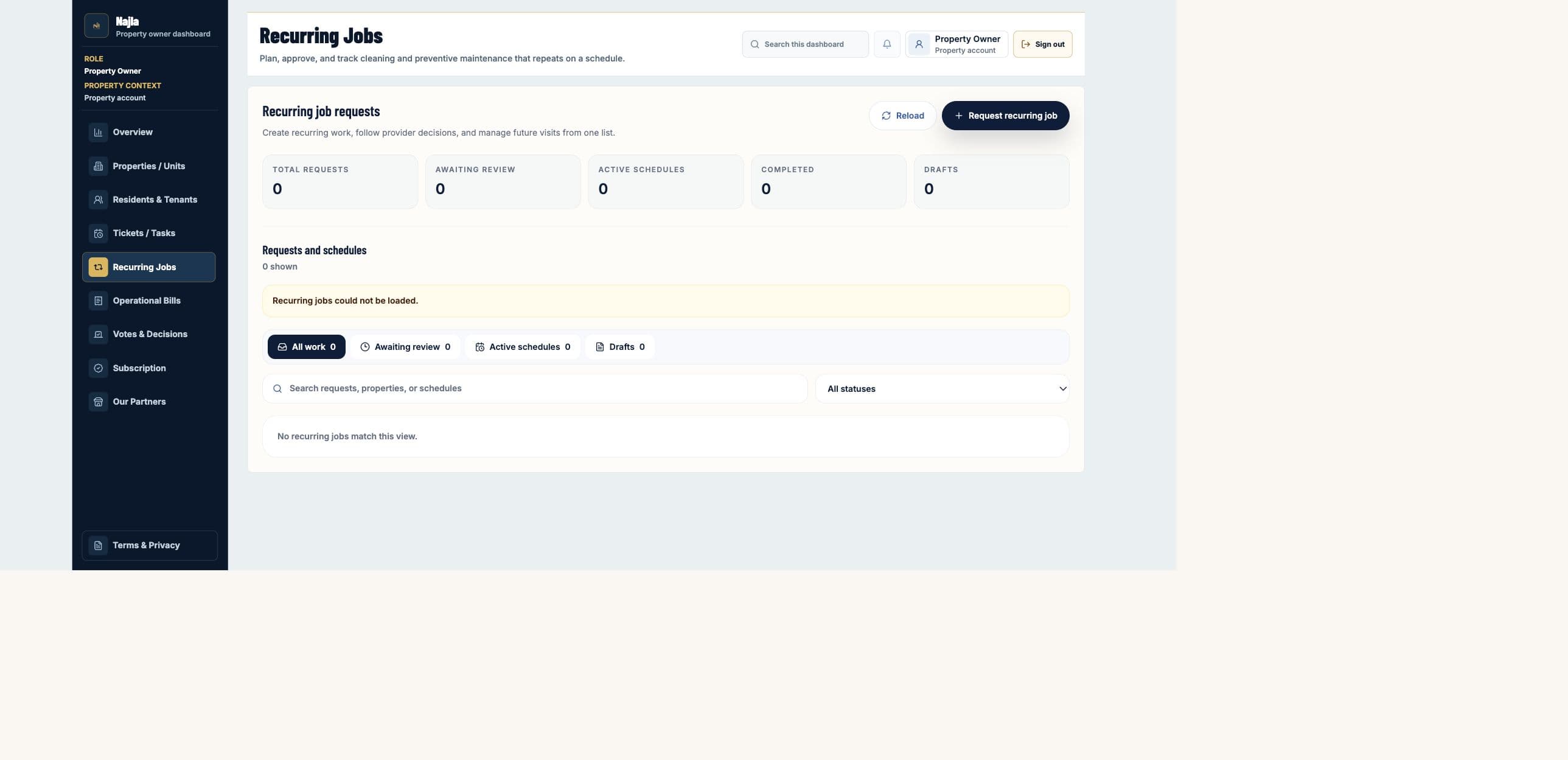 Real Najla staging Property Owner Recurring Jobs page captured after authenticated verification.