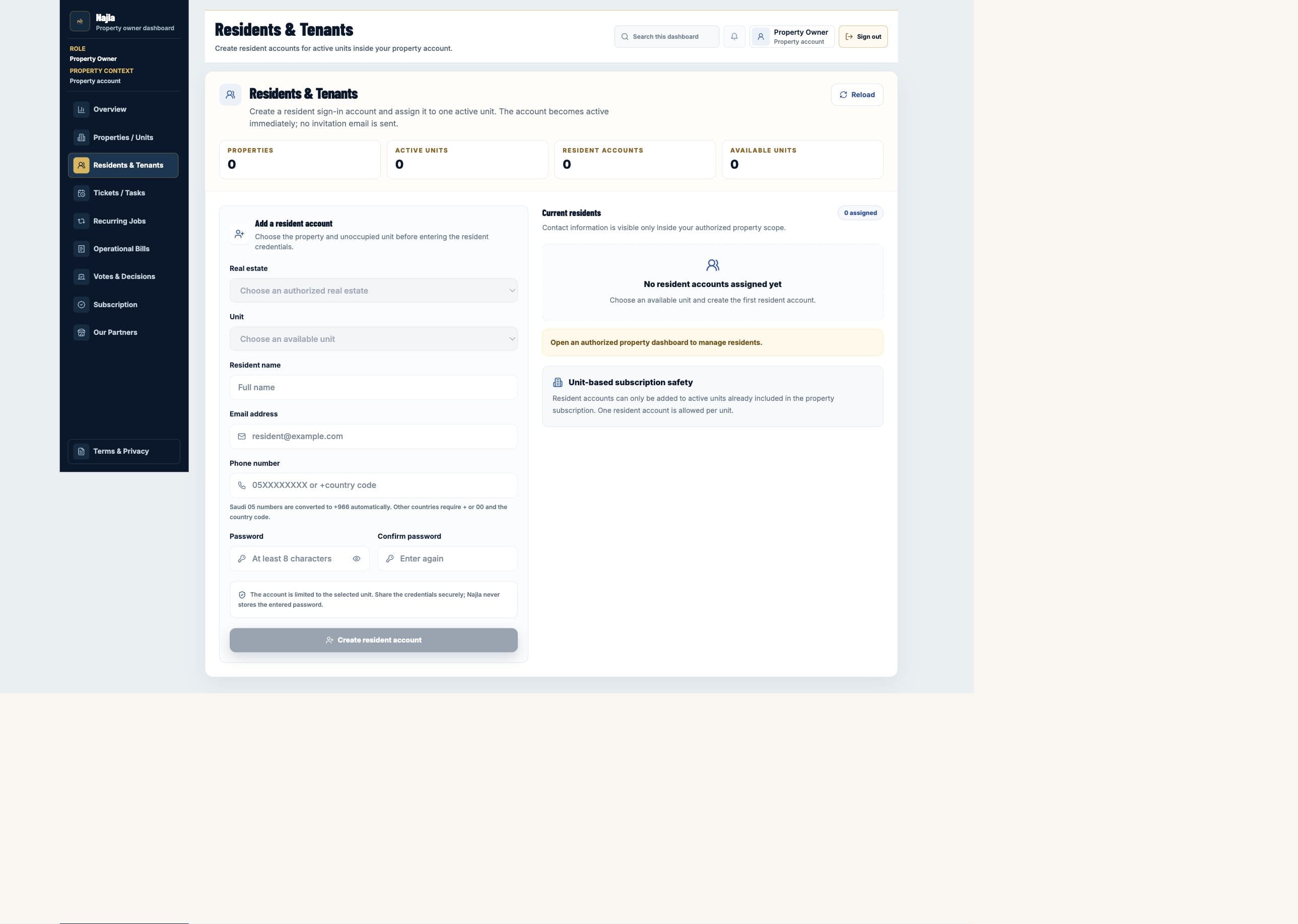 Real Najla staging Property Owner Residents & Tenants page captured after authenticated verification.