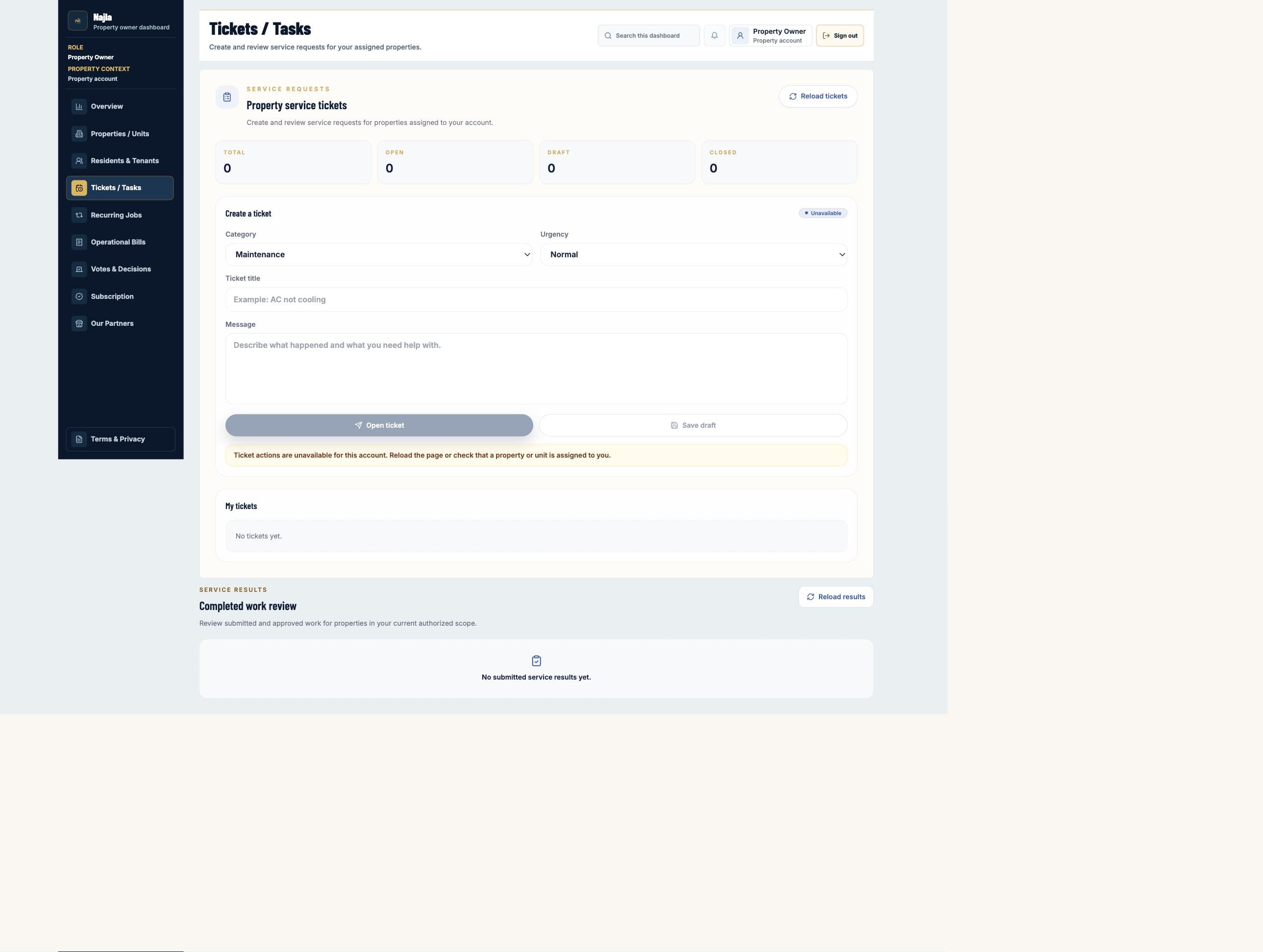 Real Najla staging Property Owner Tickets / Tasks page captured after authenticated verification.