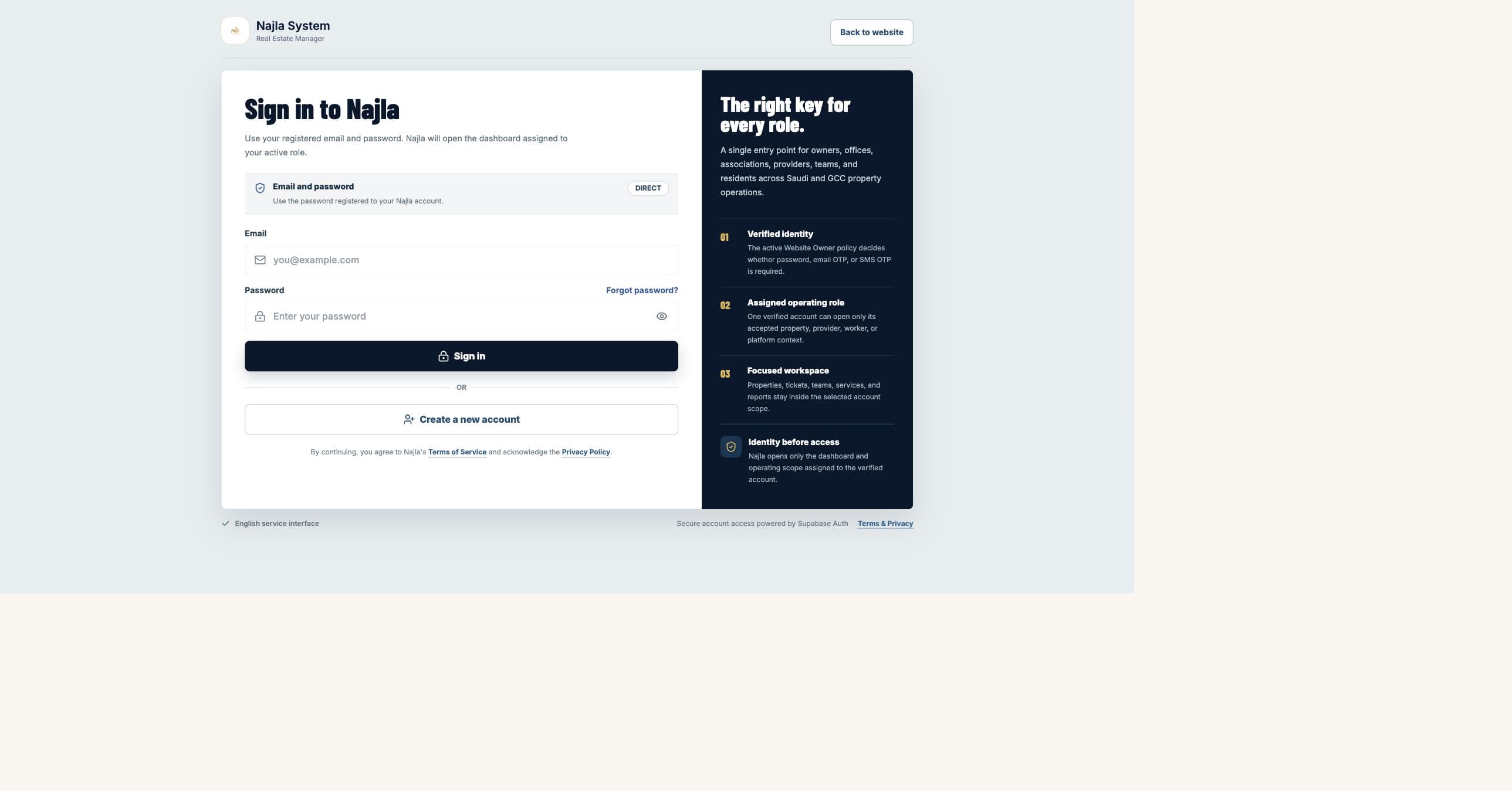 Live Najla staging sign-in page using direct email and password access.