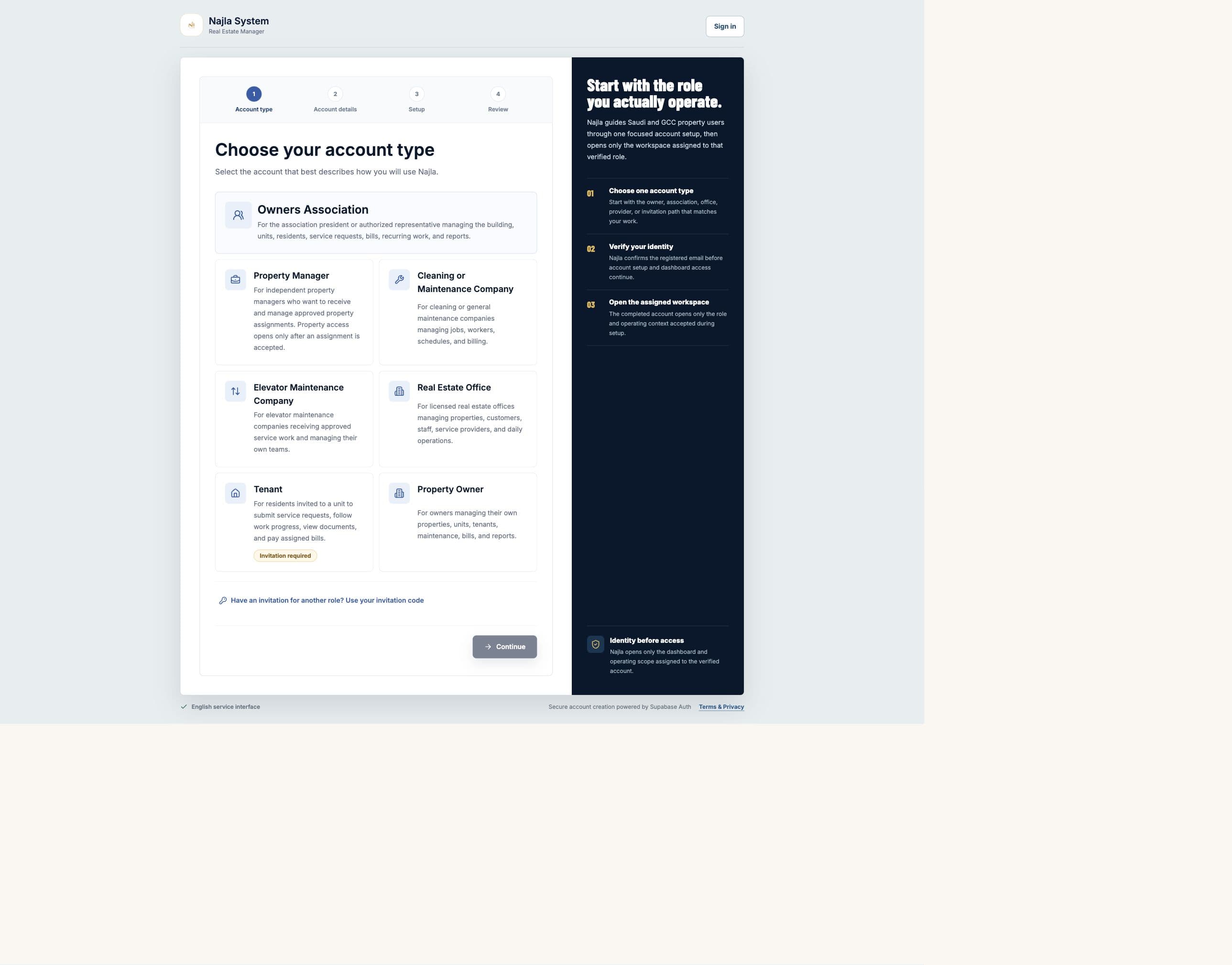 Live Najla staging signup page showing the available account types.