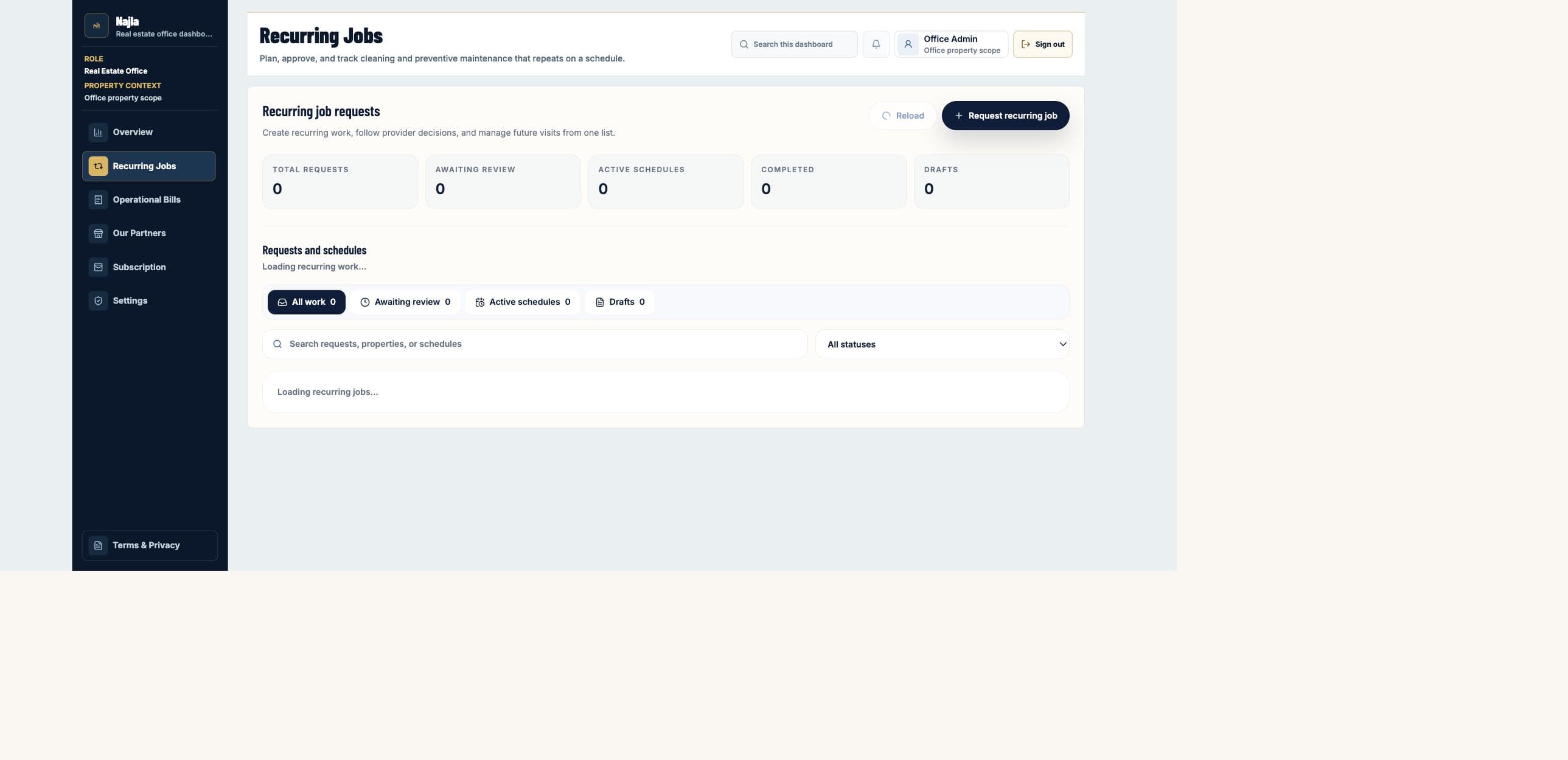 Real Najla staging Real Estate Office Recurring Jobs page captured after authenticated verification.