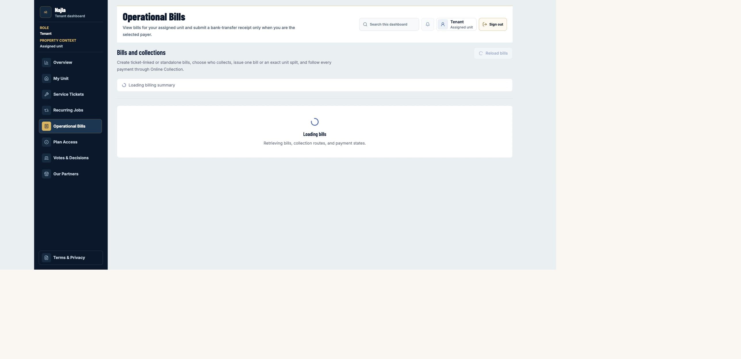 Real Najla staging Tenant Operational Bills page captured after authenticated verification.