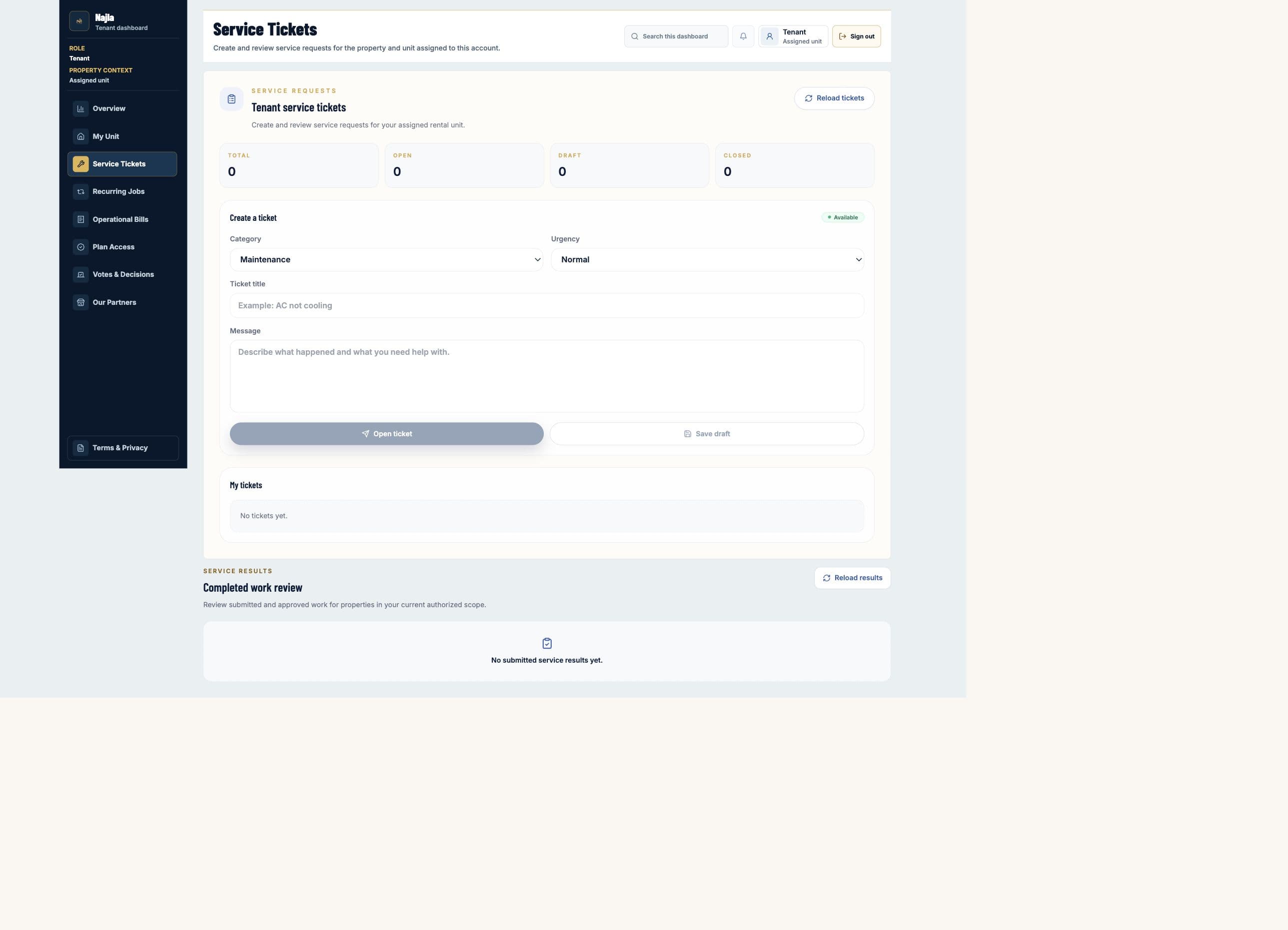 Real Najla staging Tenant Service Tickets page captured after authenticated verification.