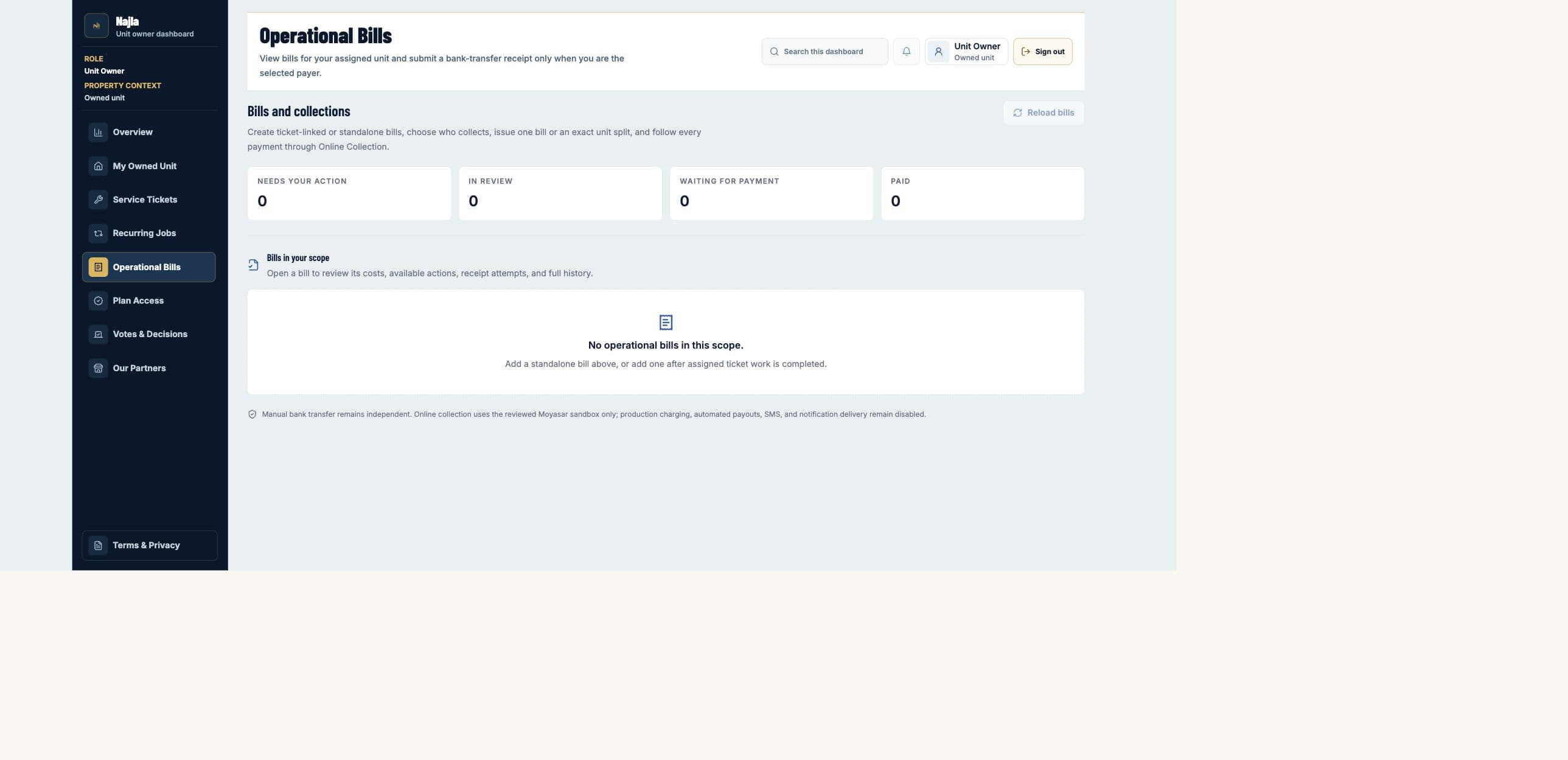 Real Najla staging Unit Owner Operational Bills page captured after authenticated verification.