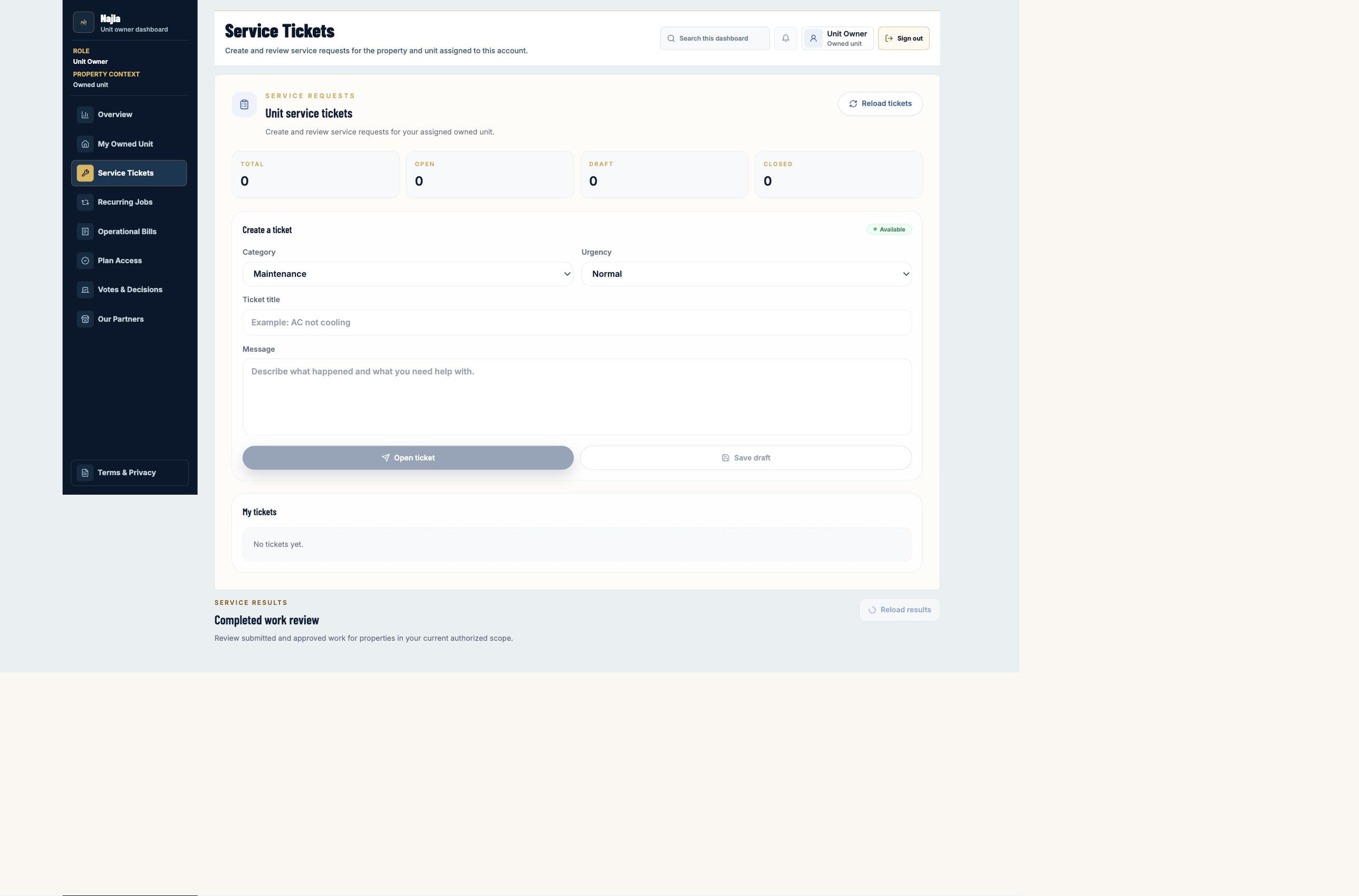 Real Najla staging Unit Owner Service Tickets page captured after authenticated verification.